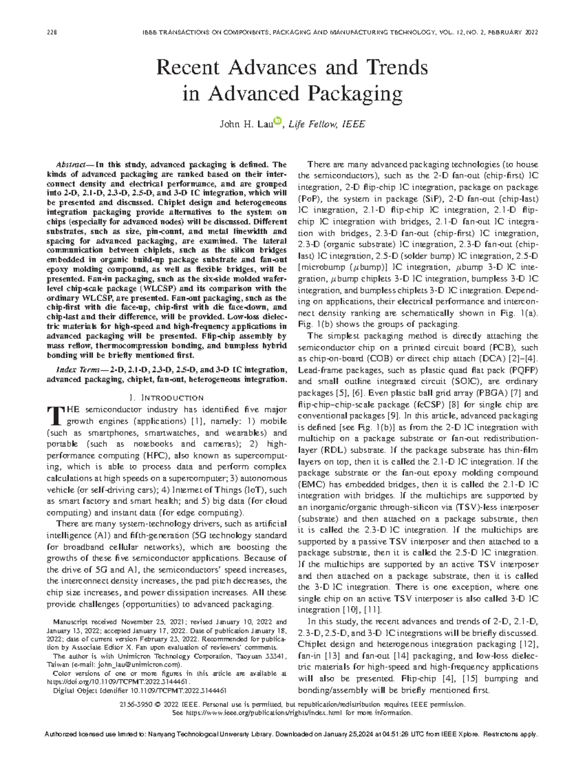 Recent Trends in Advanced IC Packaging: An Overview of 2-D to 3-D ...