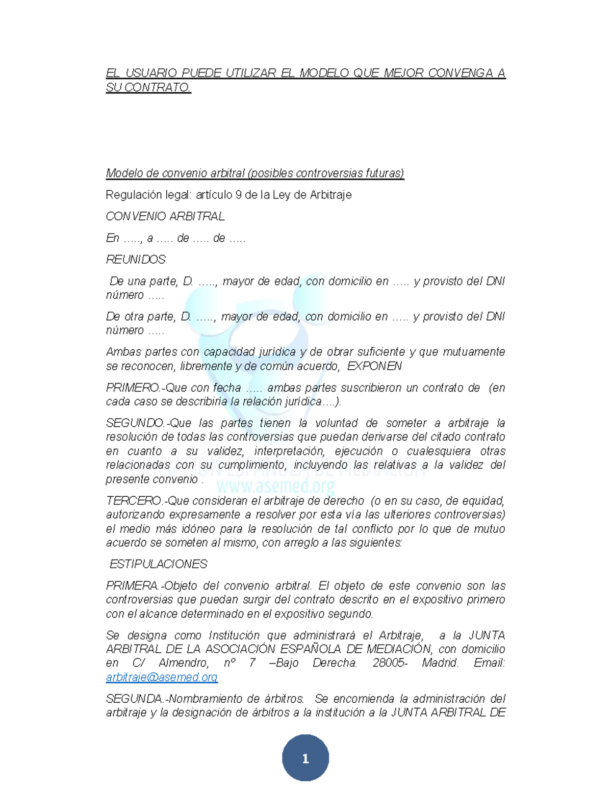 Modelo de Convenio Arbitral - Ley de Arbitraje, Art. 9 - Document Preview