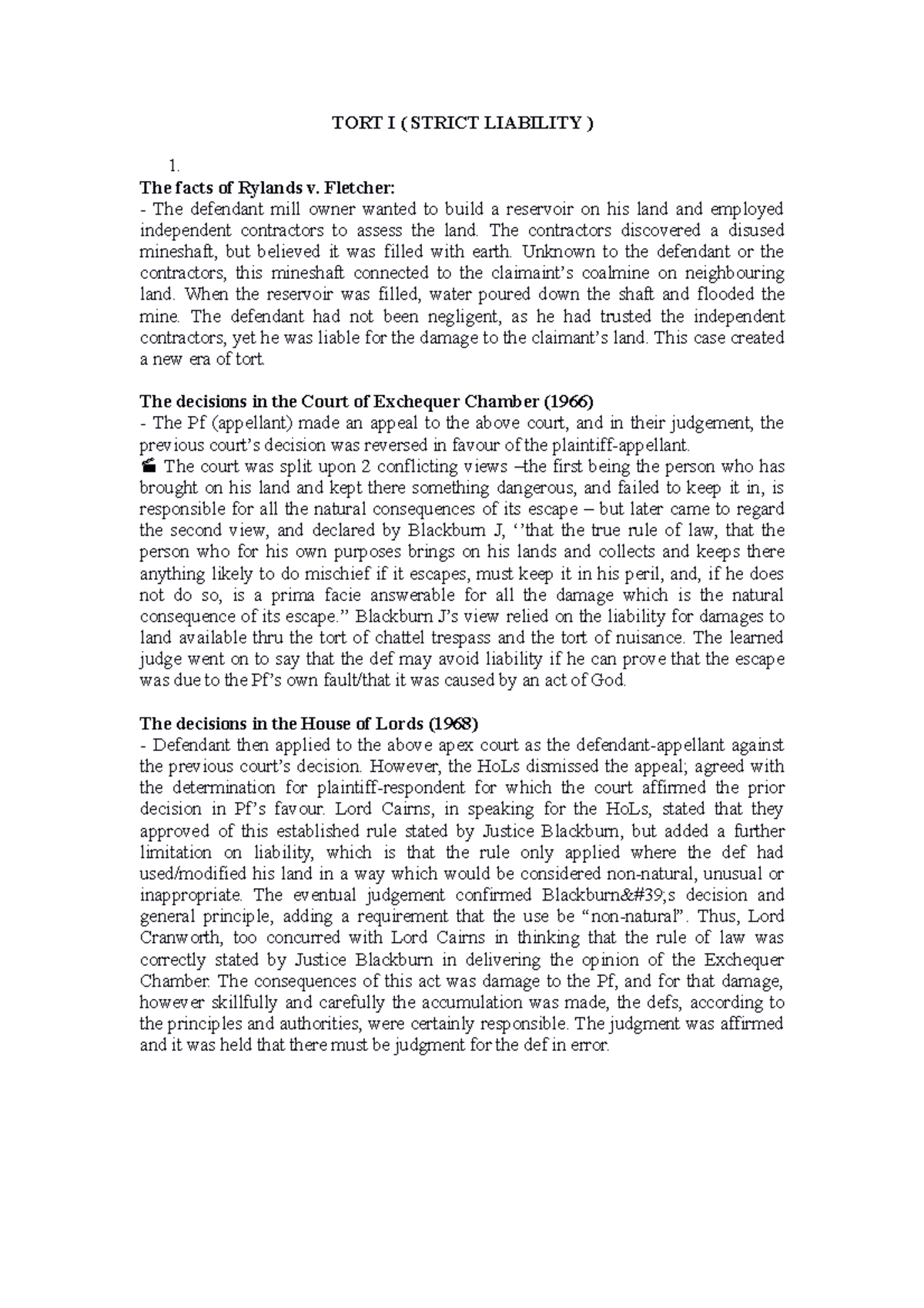 TORT I: Strict Liability Under Rylands v. Fletcher - Case Analysis ...