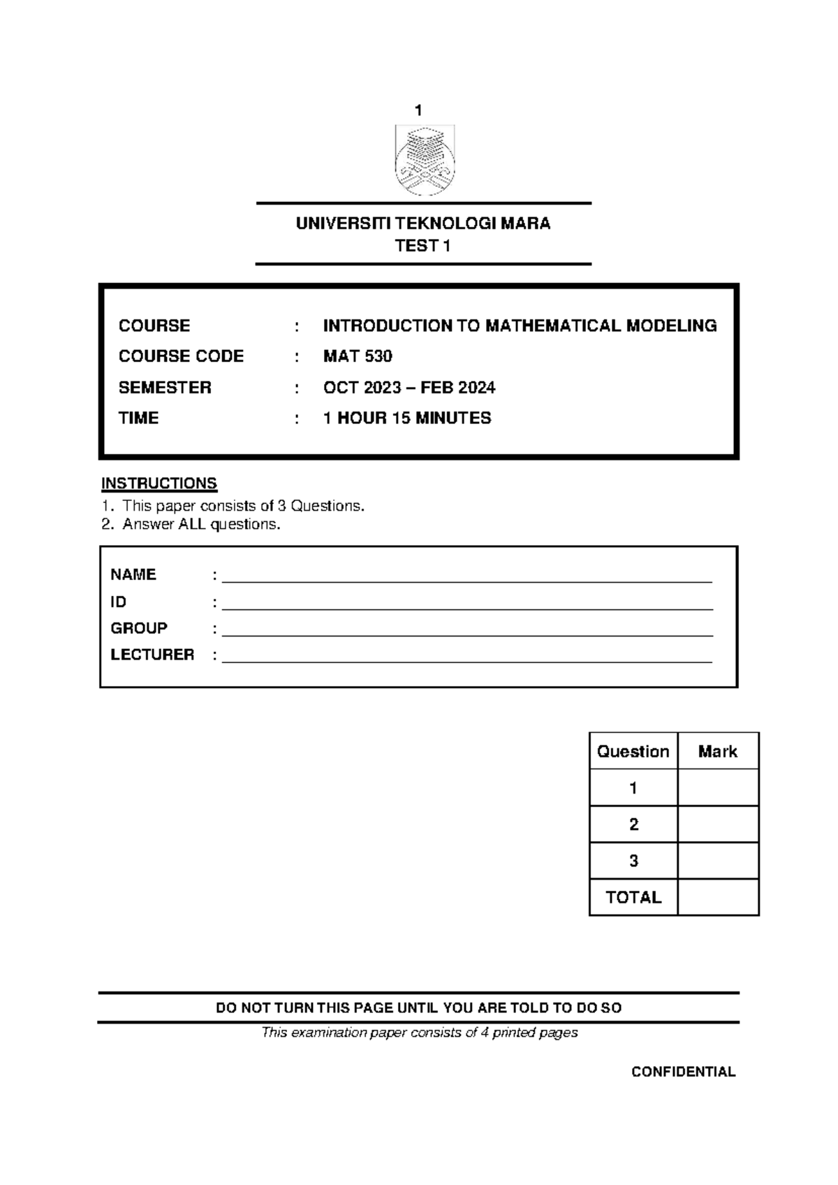 Test 1: Introduction to Mathematical Modeling (MAT 530) - Oct 2023 ...