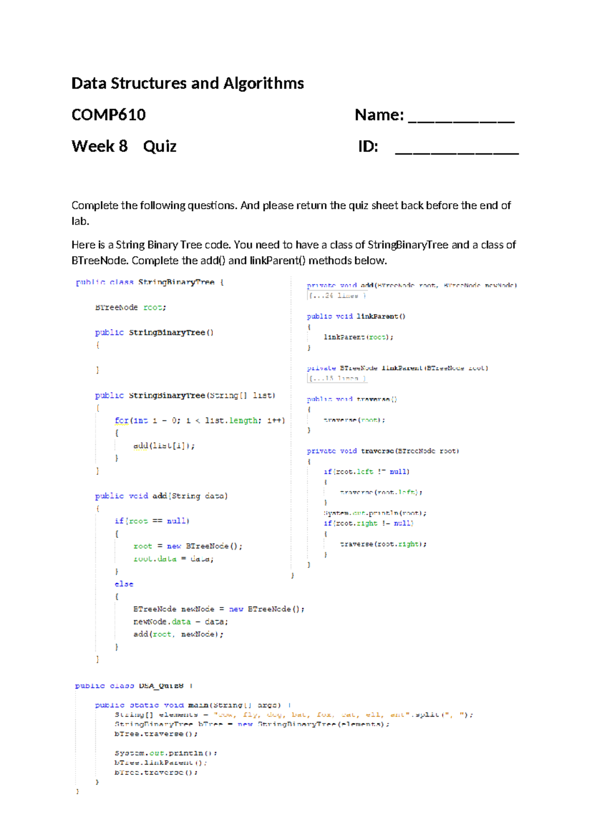 COMP610 Data Structures & Algorithms Lab Week 8 Quiz Answers - Studocu