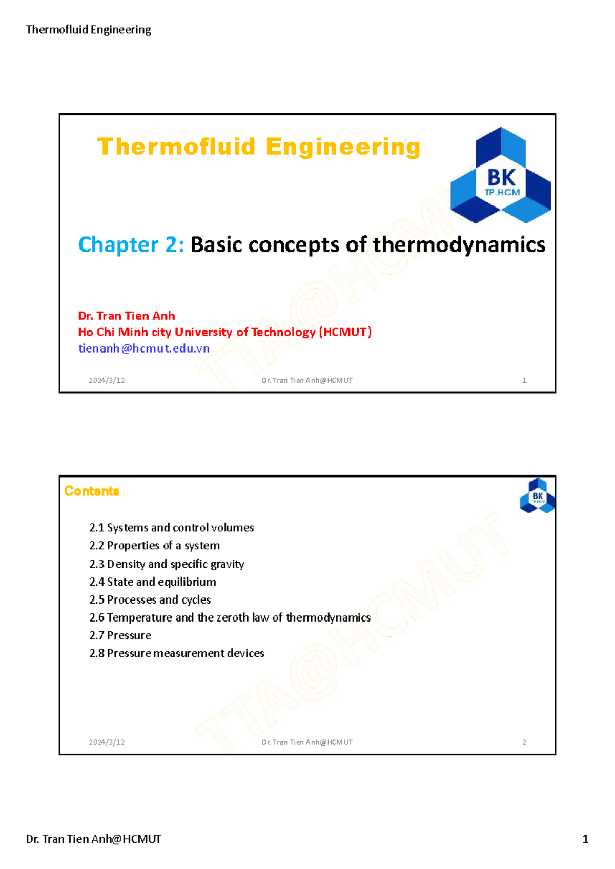 Thermofluid Engineering (ENGR 101) Chapter 2: Thermodynamics Basics ...