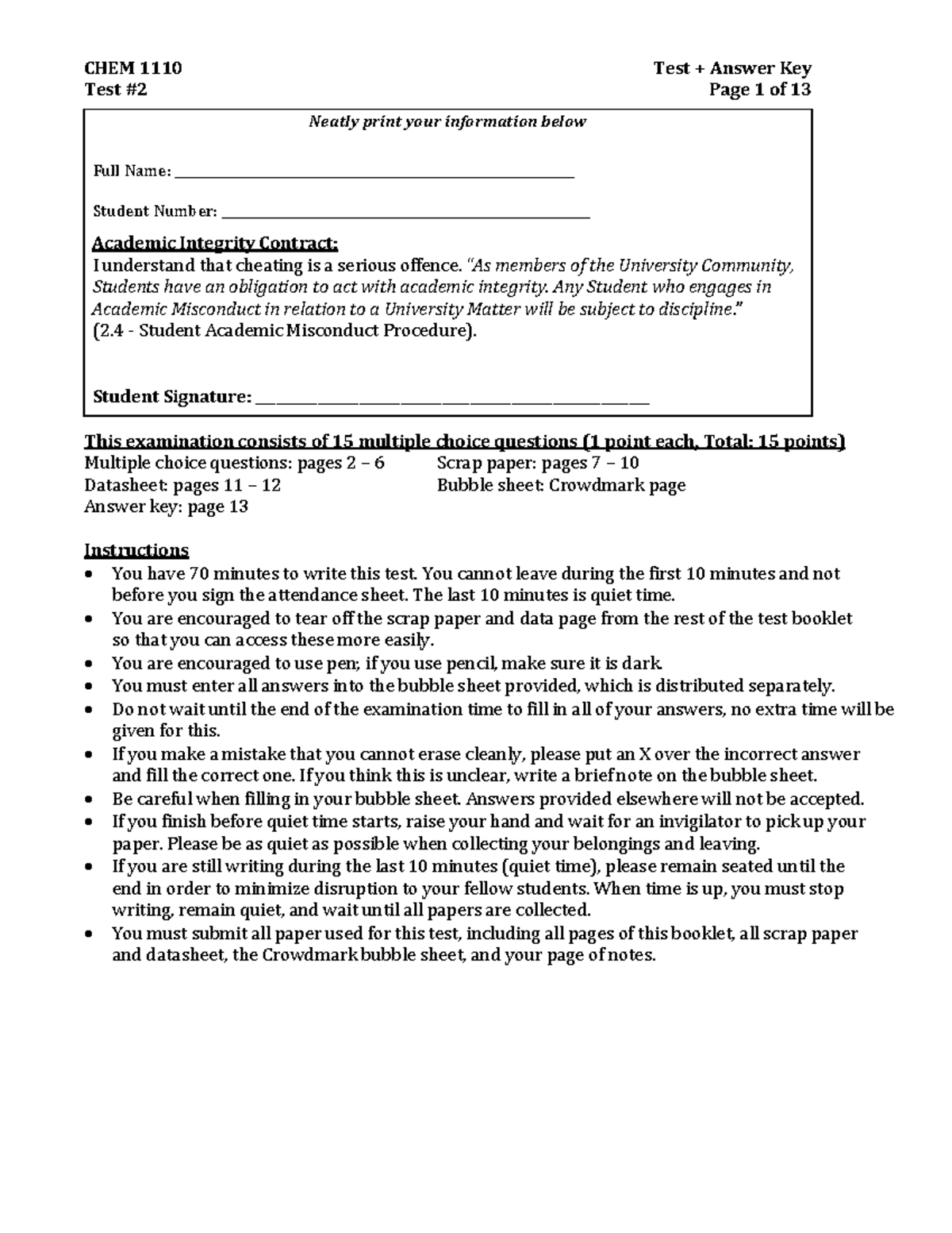 CHEM1110W25 Test 2 Answer Key and Instructions - Studocu