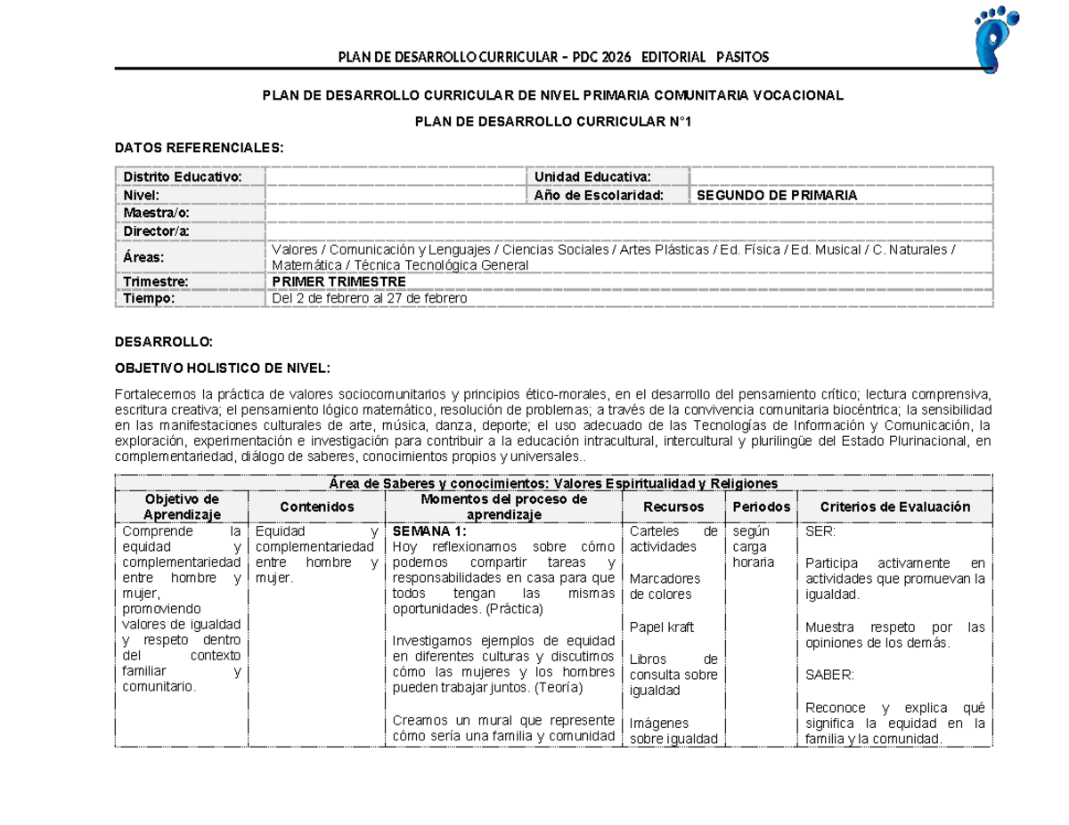 PDC 2DO PRIMARIA 1T - PLAN DE DESARROLLO CURRICULAR 2026 - Studocu