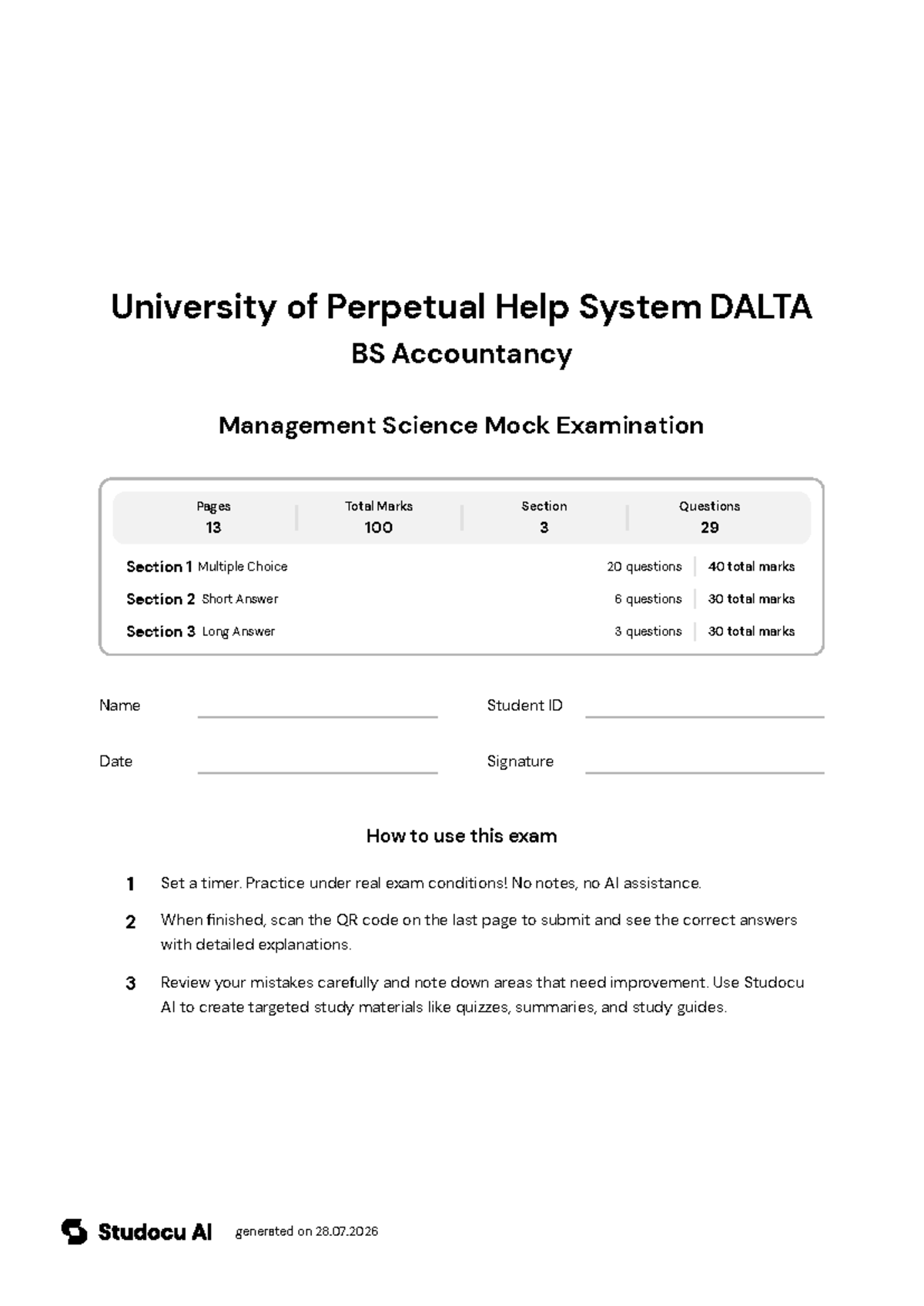 Management Science Mock Examination - Studocu