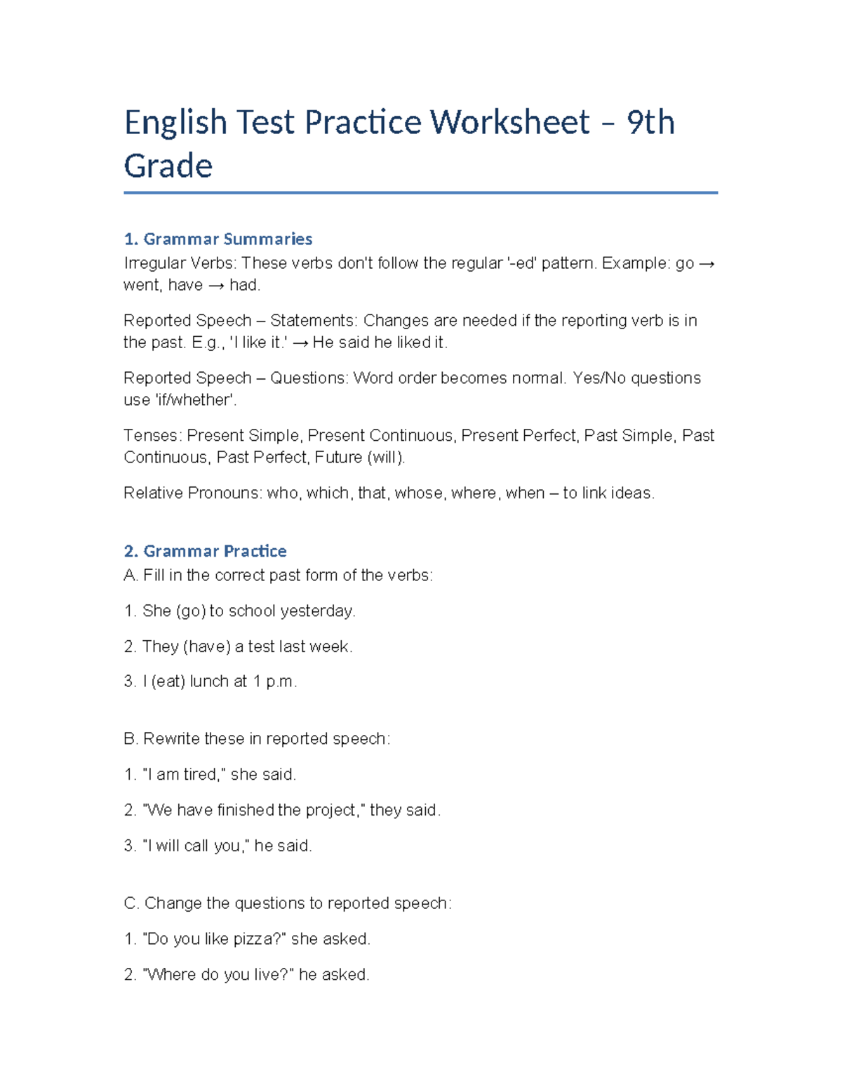 English Test Practice Worksheet: Grammar & Vocabulary for 9th Grade ...
