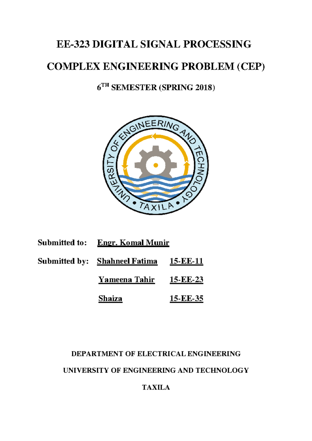 EE-323 Complex Engineering Problems: Digital Signal Processing ...