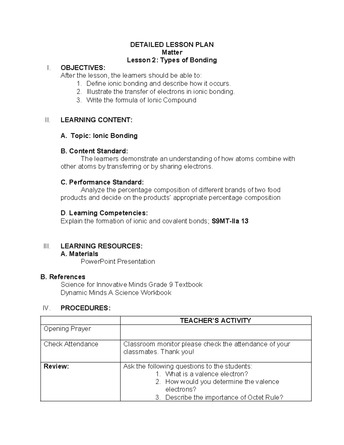 Lesson Plan for S9MT-IIa 13: Understanding Ionic Bonding - Studocu