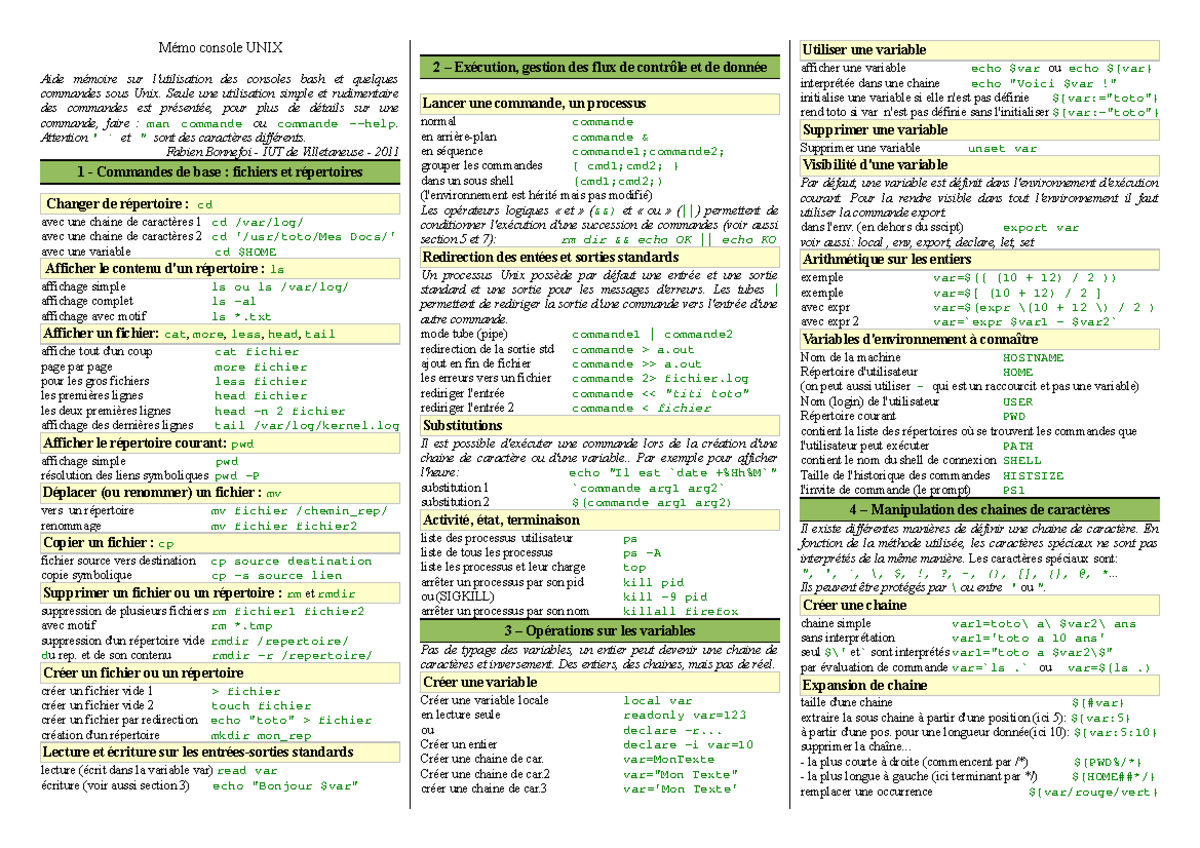 SE 01 Guide Commandes Shellv 4 - Mémo console UNIX Aide mémoire sur l ...