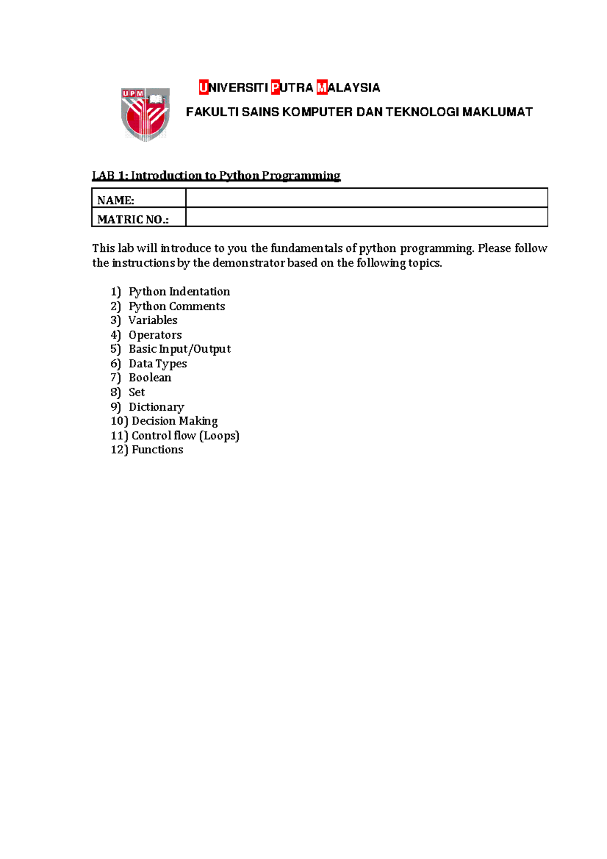Lab 1 - Introduction to Python Programming - UNIVERSITI PUTRA MALAYSIA ...