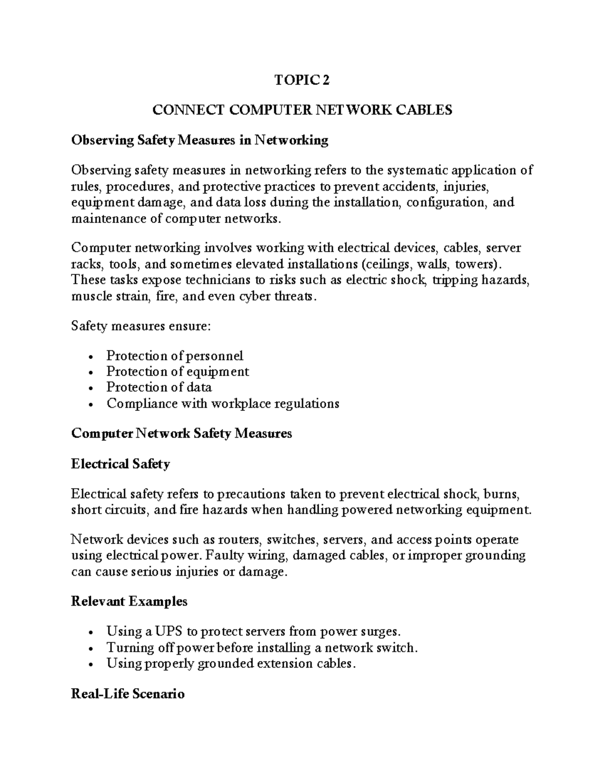 COMPUTER NETWORK CABLES SAFETY MEASURES: TOPIC 2 - Studocu