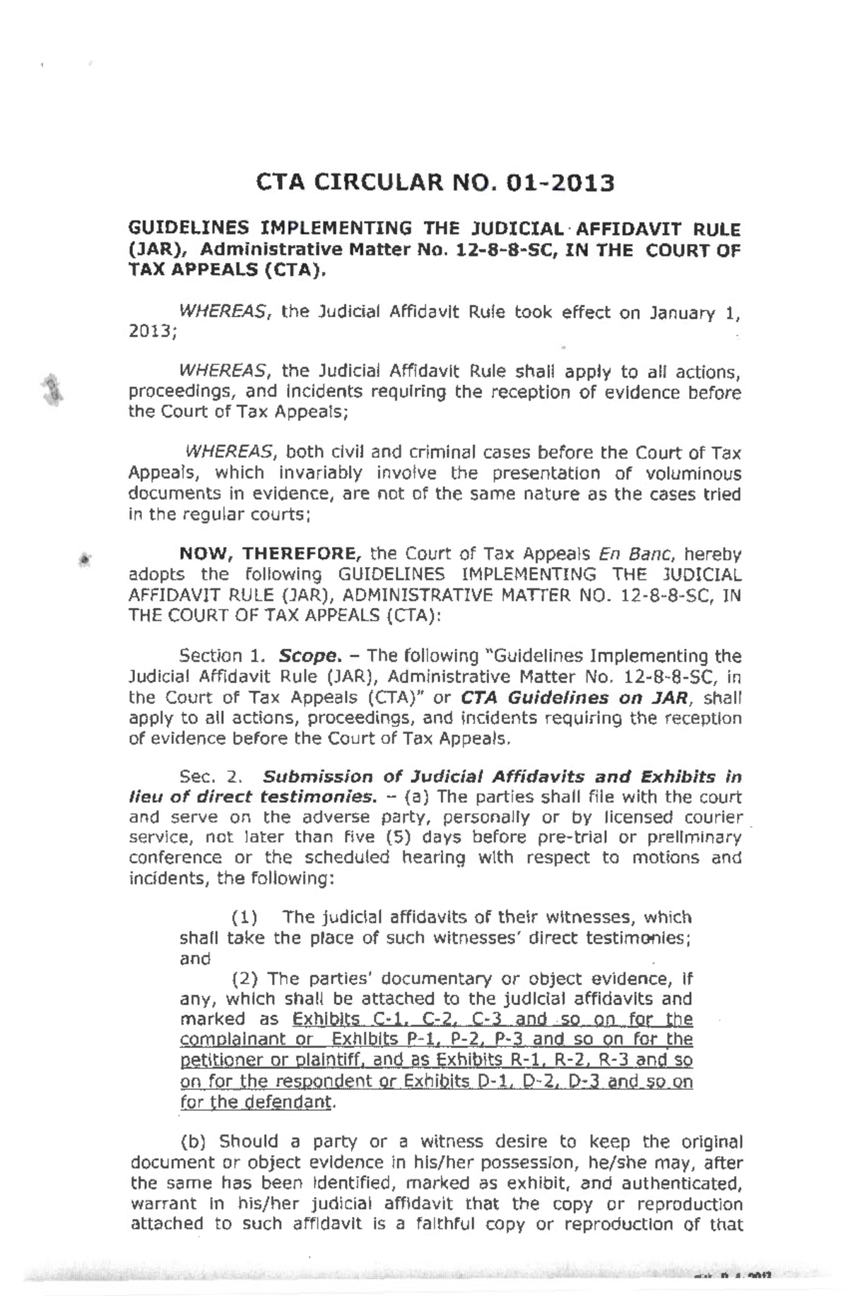 CTA Circular No. 01-2013: Guidelines on Judicial Affidavit Rule (JAR ...