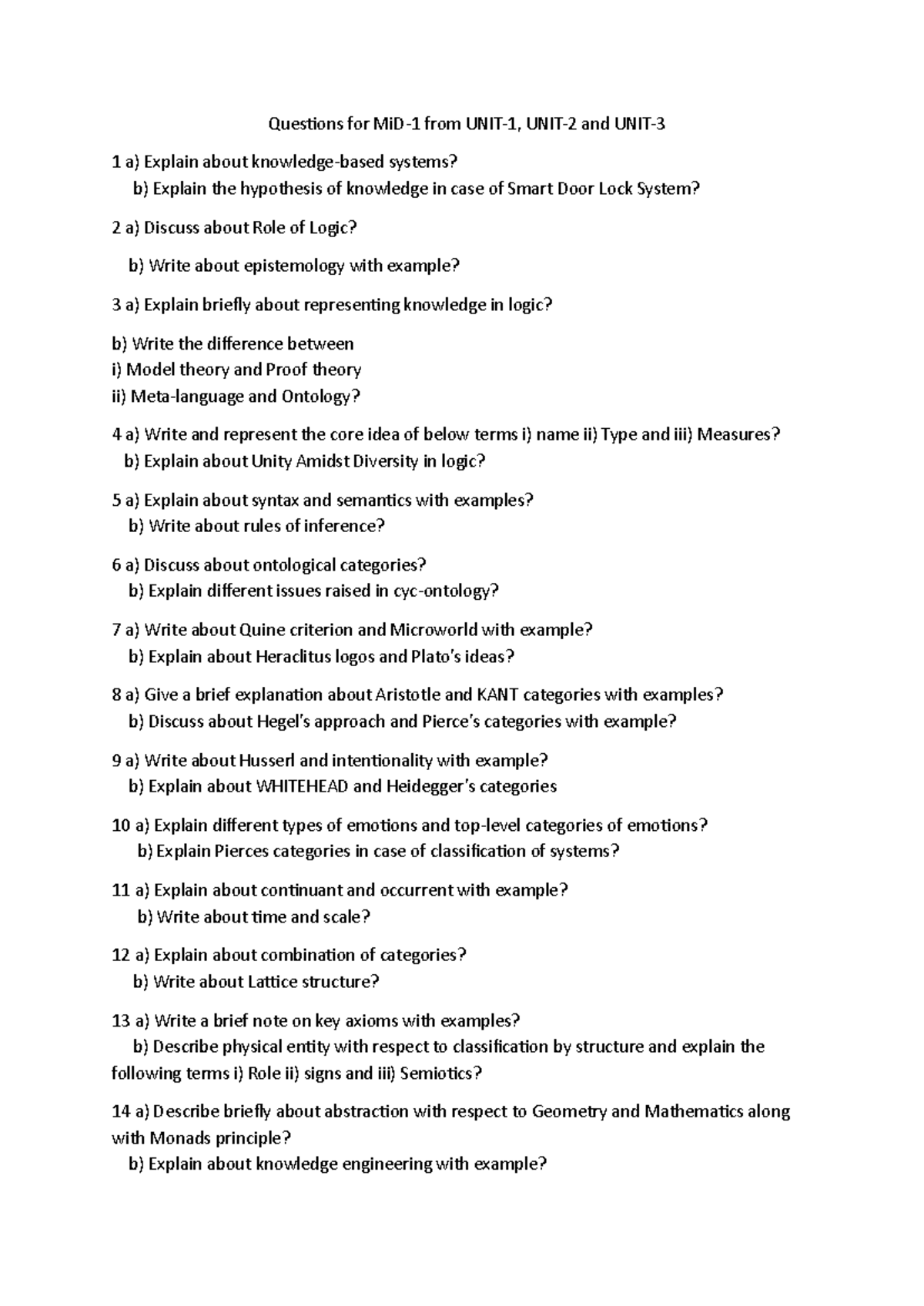 KRR Imp Qn A Unit 1,2,3 - Notes - Questions for MiD-1 from UNIT-1, UNIT ...