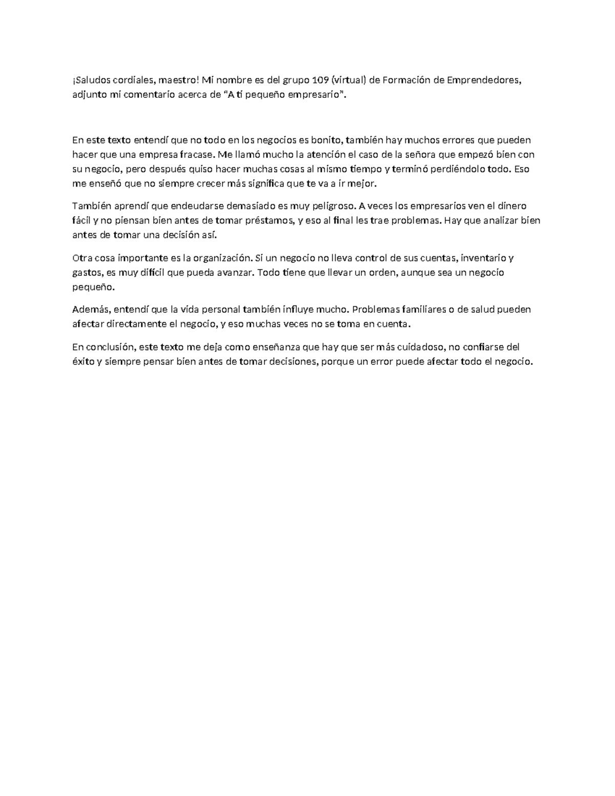 Comentario sobre el fracaso en negocios - Grupo 109 (Formación de ...