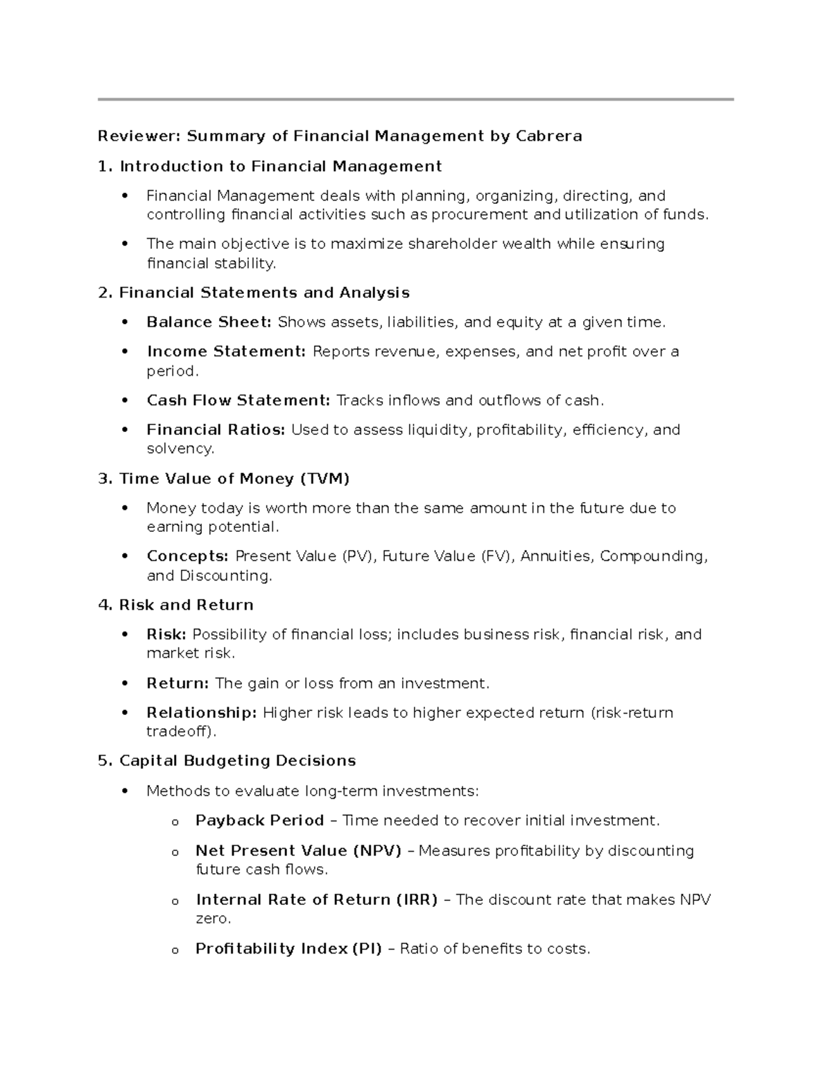 Summary of Financial Management (FM 101) - Key Concepts and Insights ...
