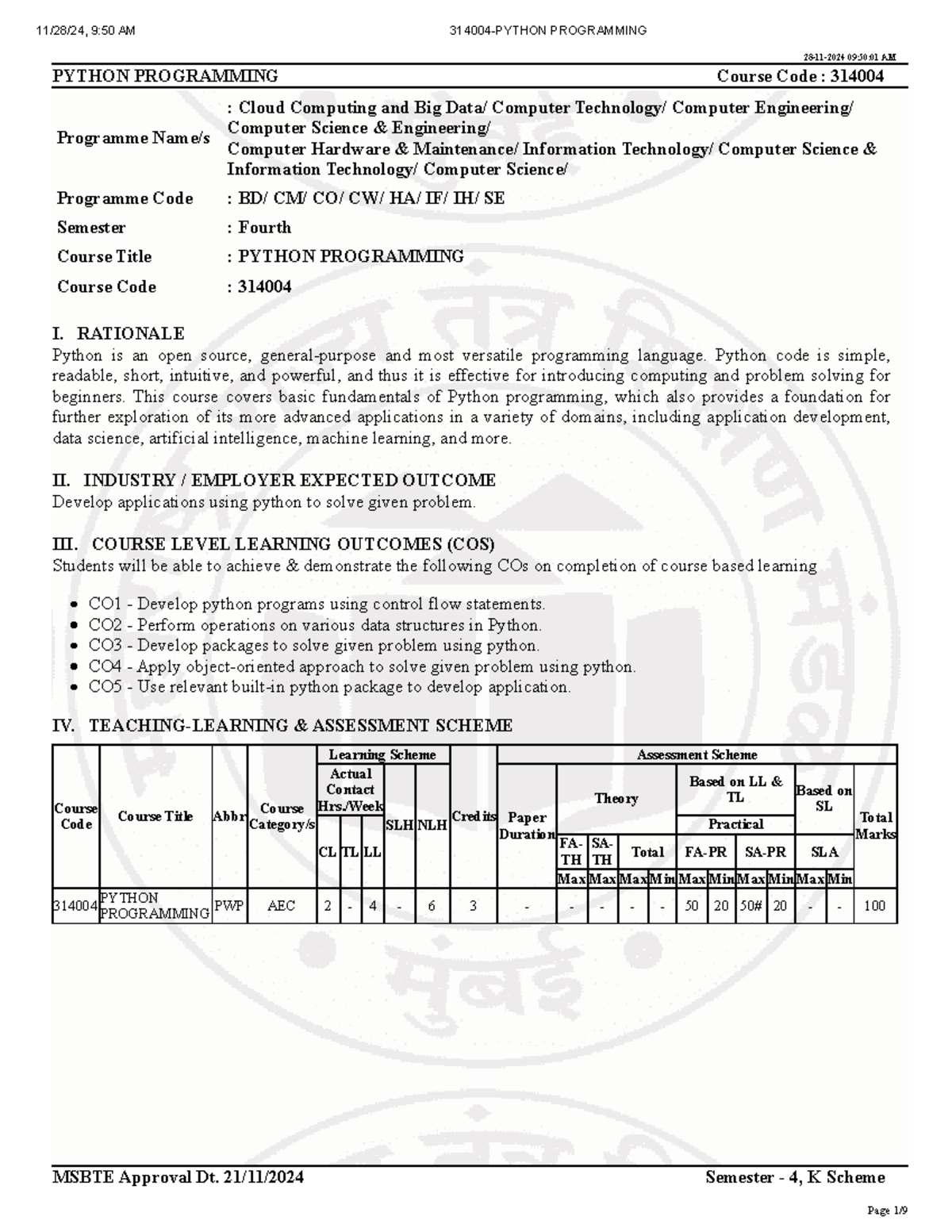 Python Programming Course Code 314004: Semester 4 Overview and Learning ...