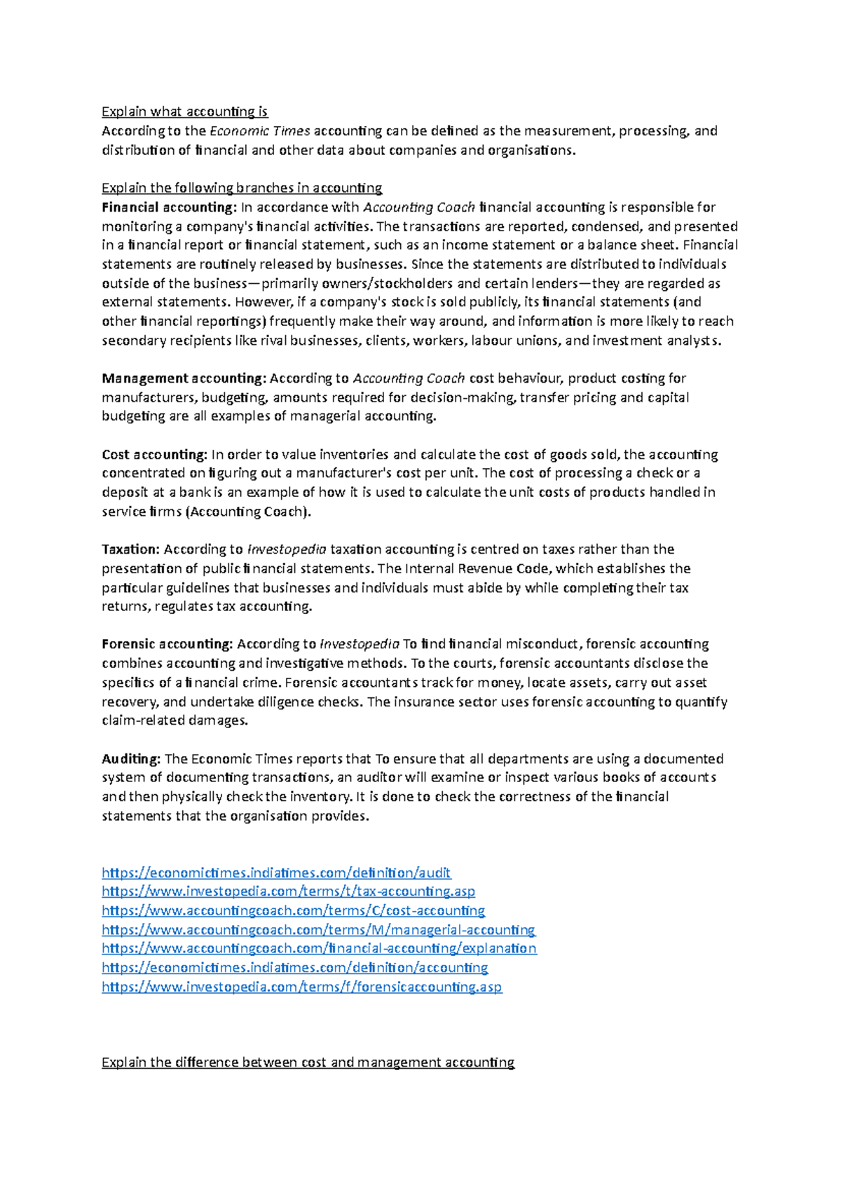 Unit 13 Activity: Overview of Accounting Branches and Concepts - Studocu