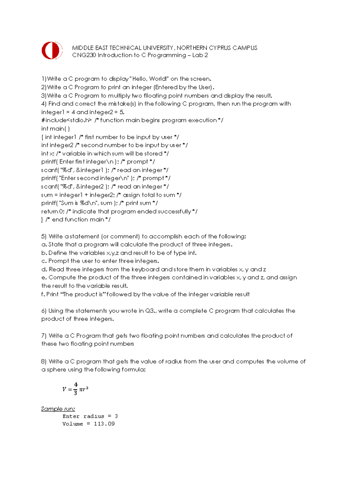 CNG230 Lab 2: C Programming Exercises - Studocu