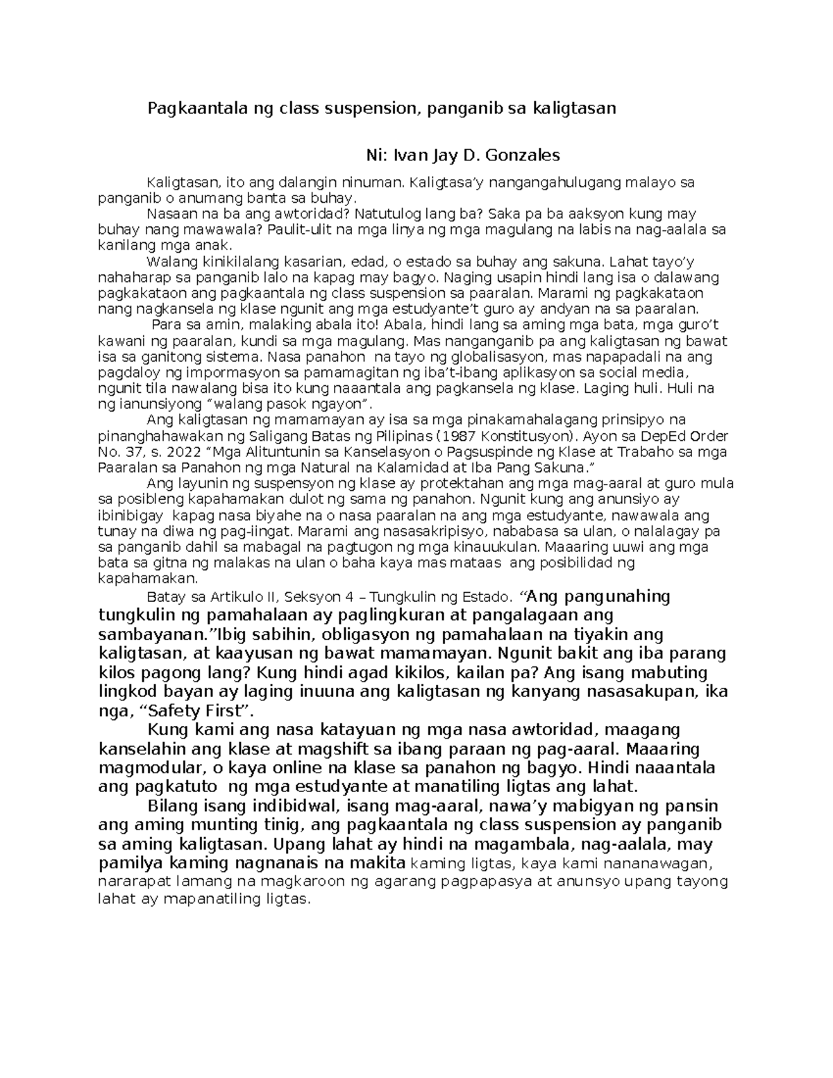 Pagkaantala ng Class Suspension at Panganib sa Kaligtasan: Isang ...