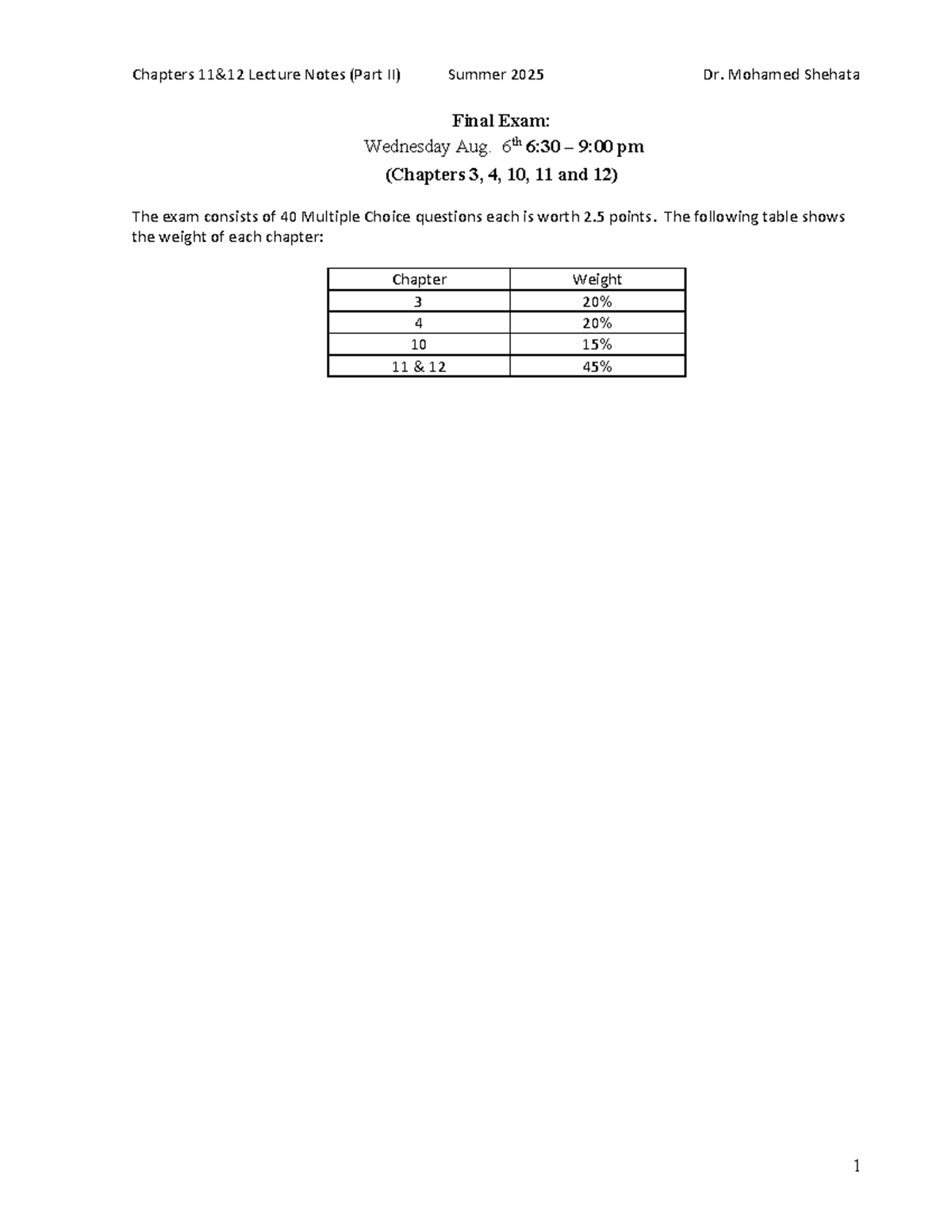 Chapters 11 & 12 Lecture Notes (Part II) - Final Exam Prep Summer 2025 ...