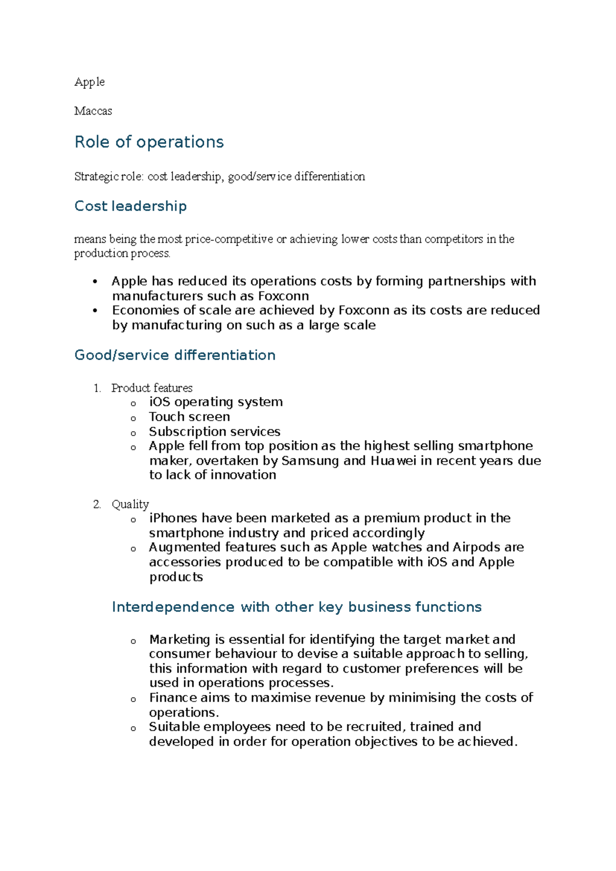 BUS 101: Operations Case Study on Apple's Strategic Role in Cost ...