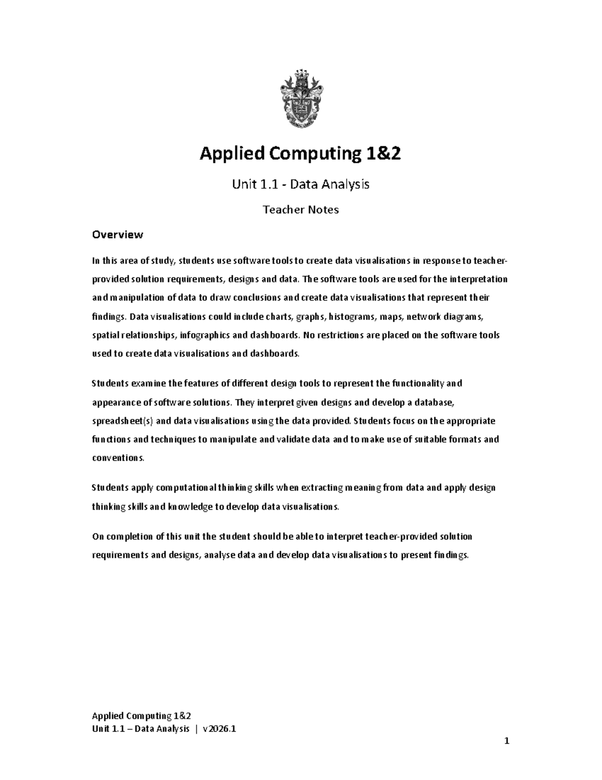 Applied Computing 1&2 - Unit 1.1 Data Analysis Teacher Notes v2026 ...