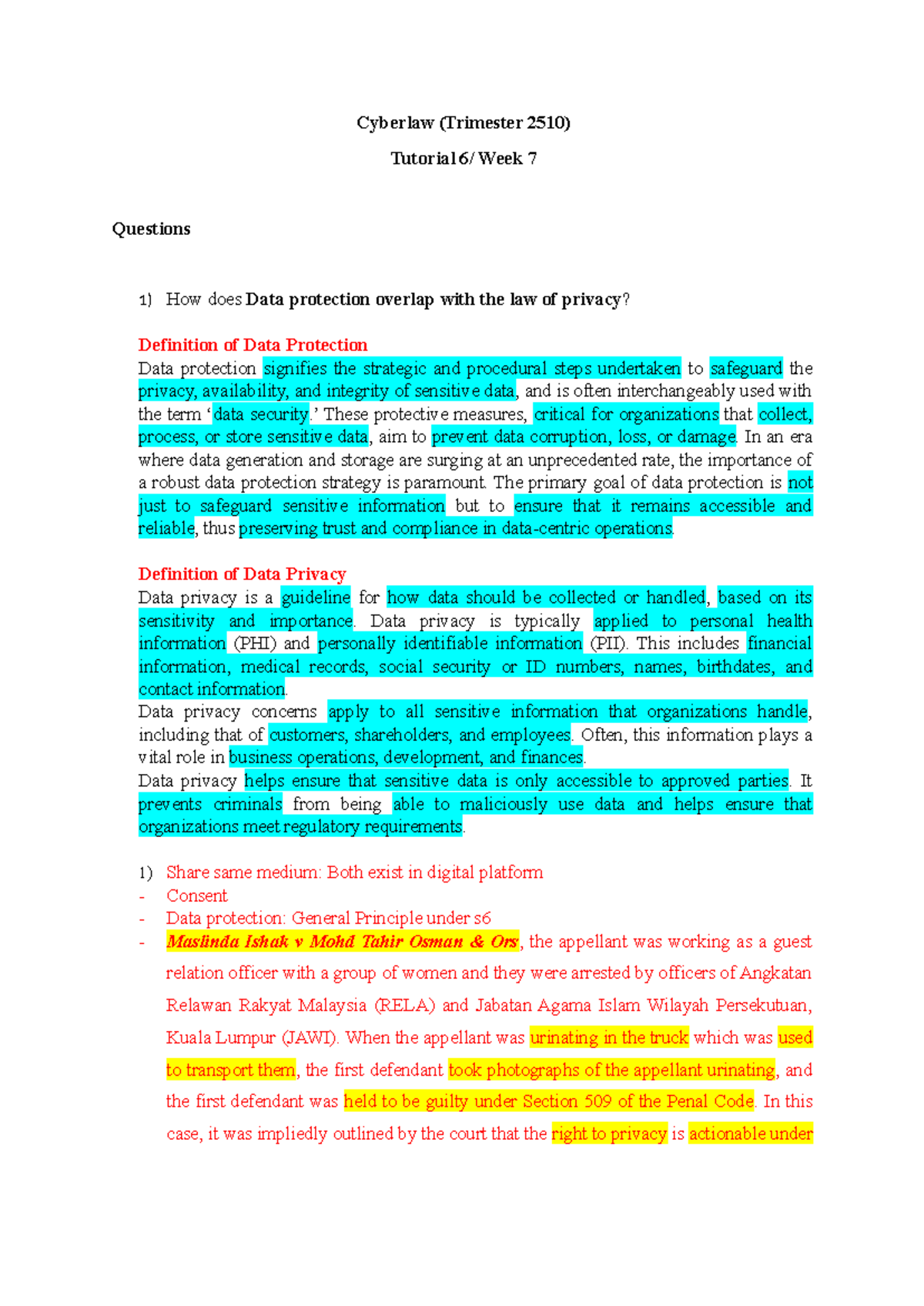 Cyberlaw (Trimester 2510) Week 7: Data Protection vs. Privacy Analysis ...