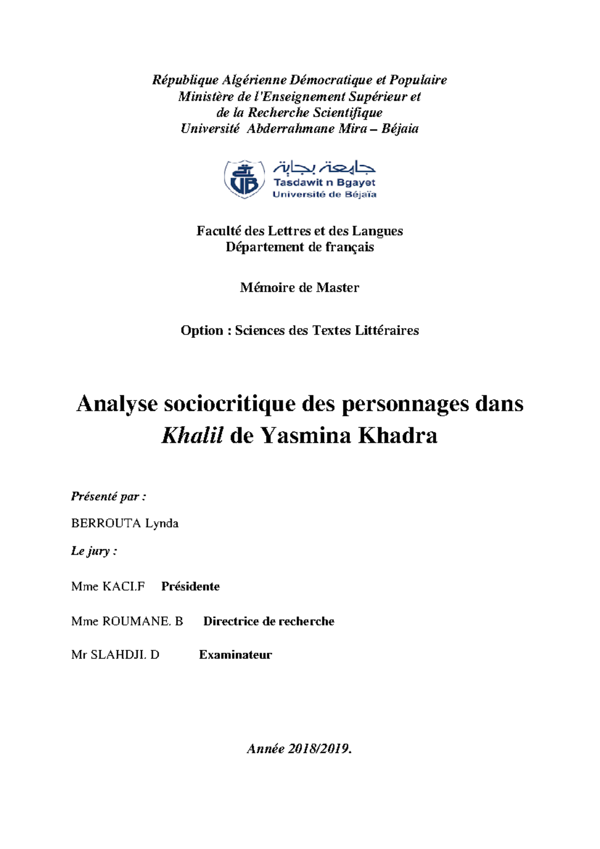 Analyse sociocritique des personnages dans le roman 'Khalil' (Master ...