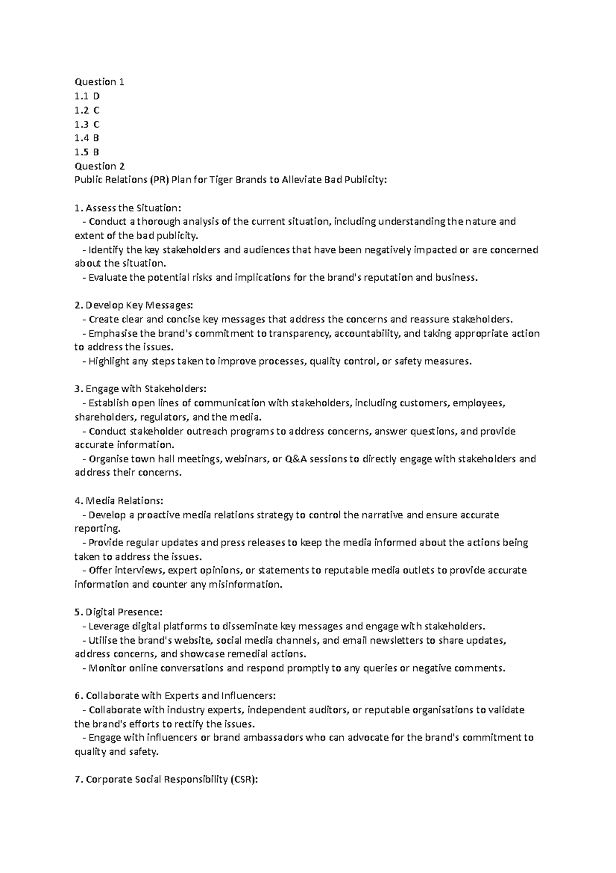 Public relation - Question 1 1 D 1 C 1 C 1 B 1 B Question 2 Public ...
