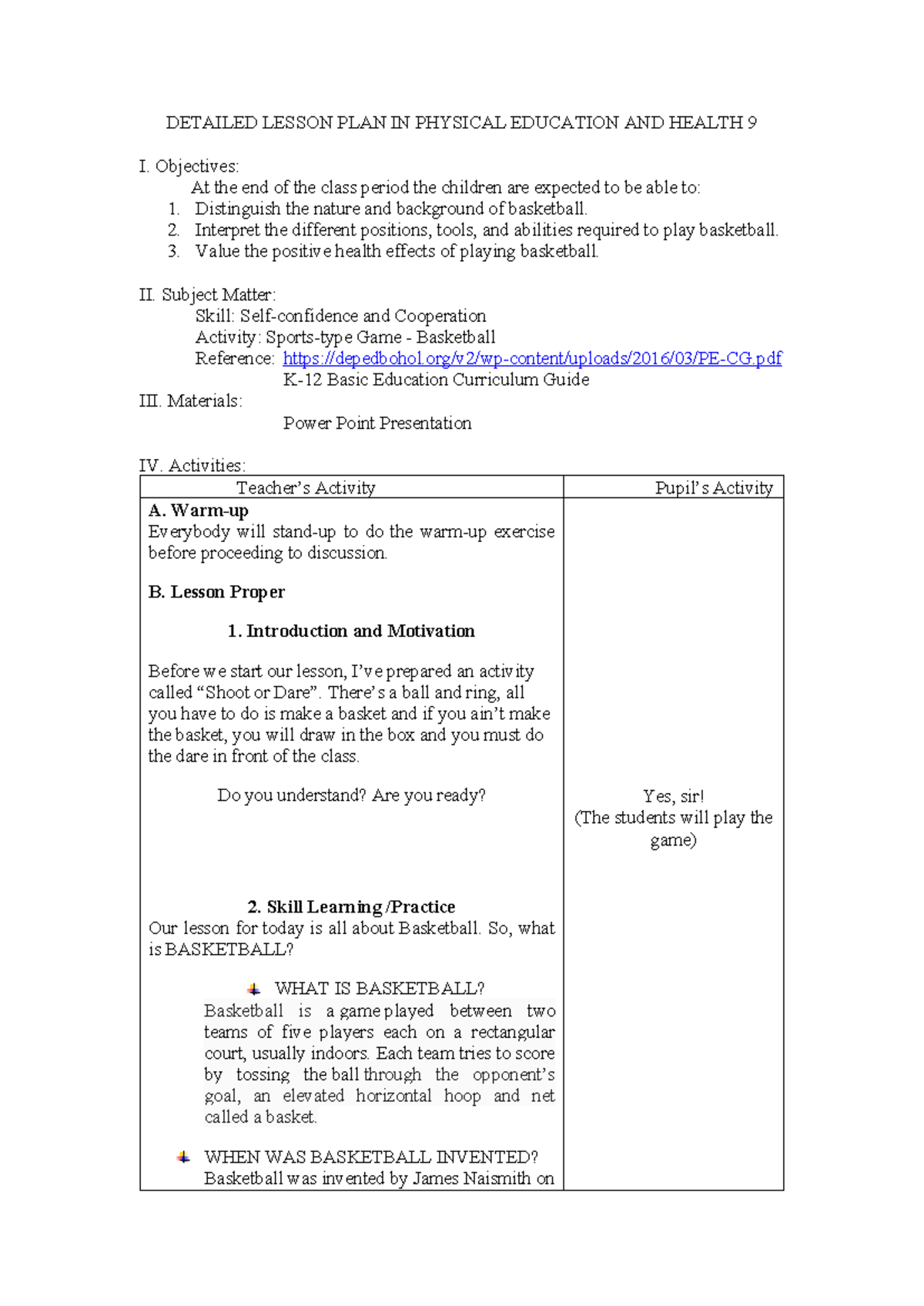 DLP - PE&H - DETAILED LESSON PLAN IN PHYSICAL EDUCATION AND HEALTH 9 I ...