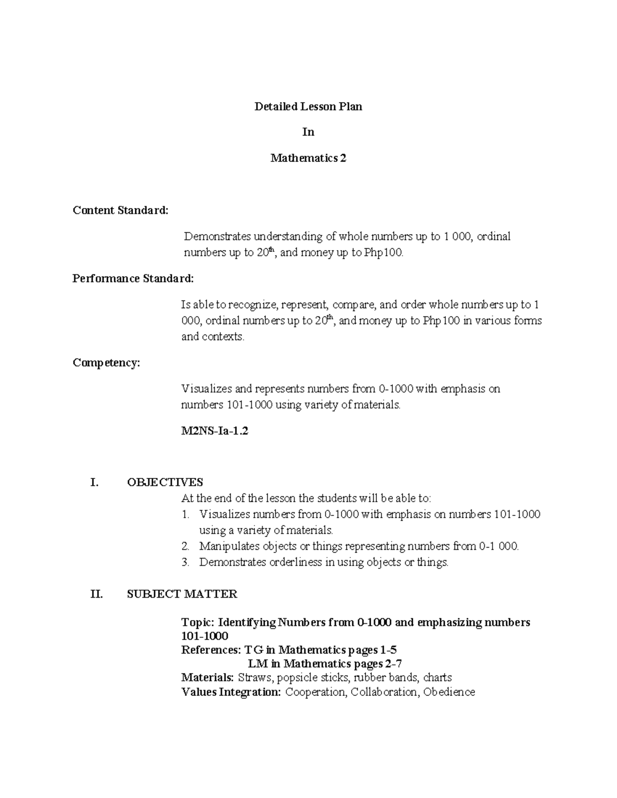 Detailed Lesson Plan for MATH 2: Whole Numbers & Money - Studocu