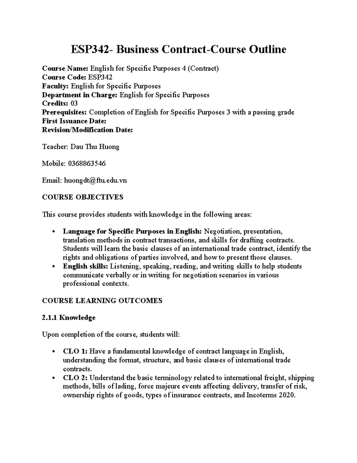 ESP342 Course Outline: English for Specific Purposes 4 (Contract) - Studocu