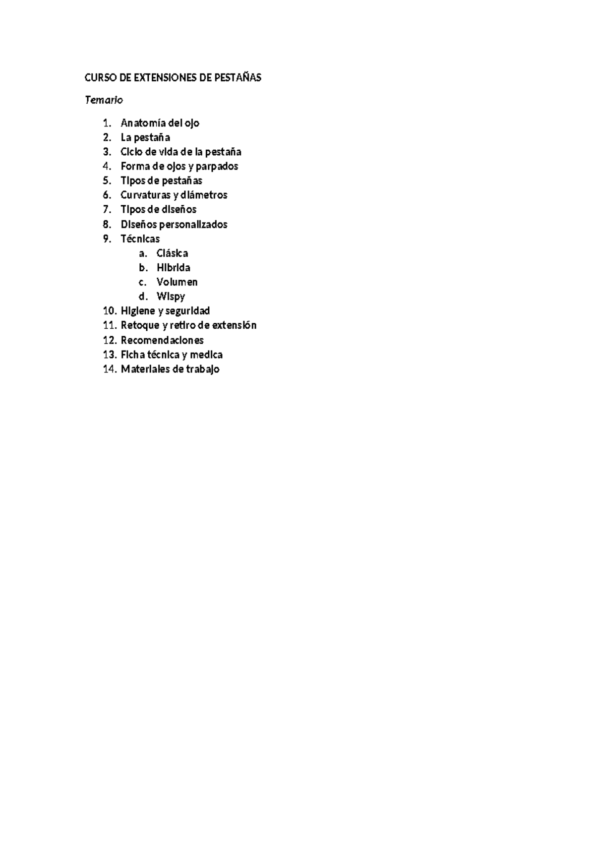 CURSO DE EXTENSIONES DE PESTAÑAS: Temario Completo y Técnicas - Studocu
