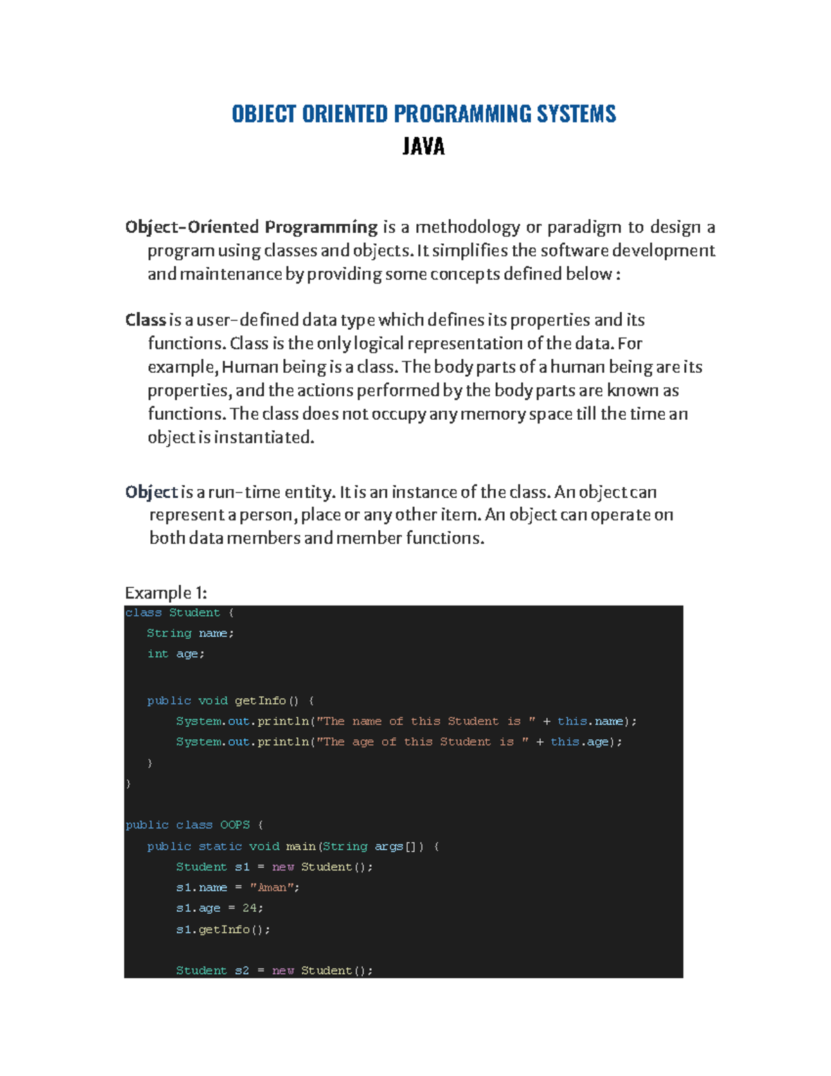 OOPS Concepts in Java: Class, Object, Inheritance, and More - Studocu
