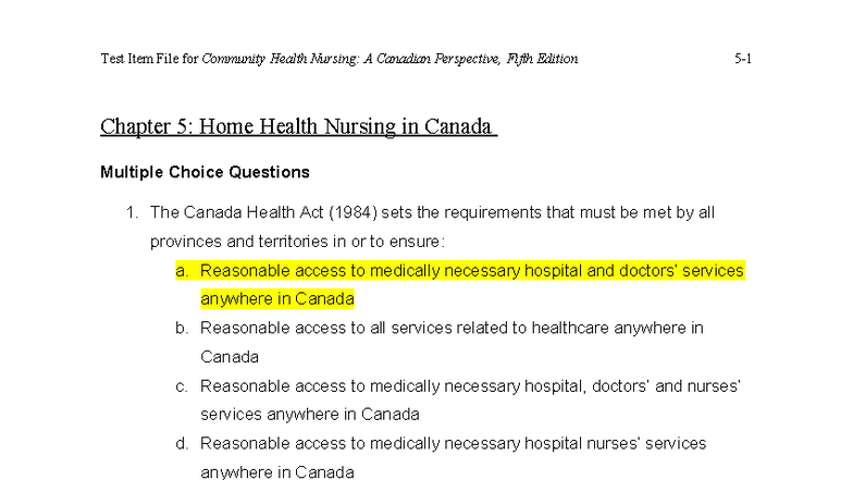 Test Item File for Community Health Nursing CHN5: Home Health Nursing ...