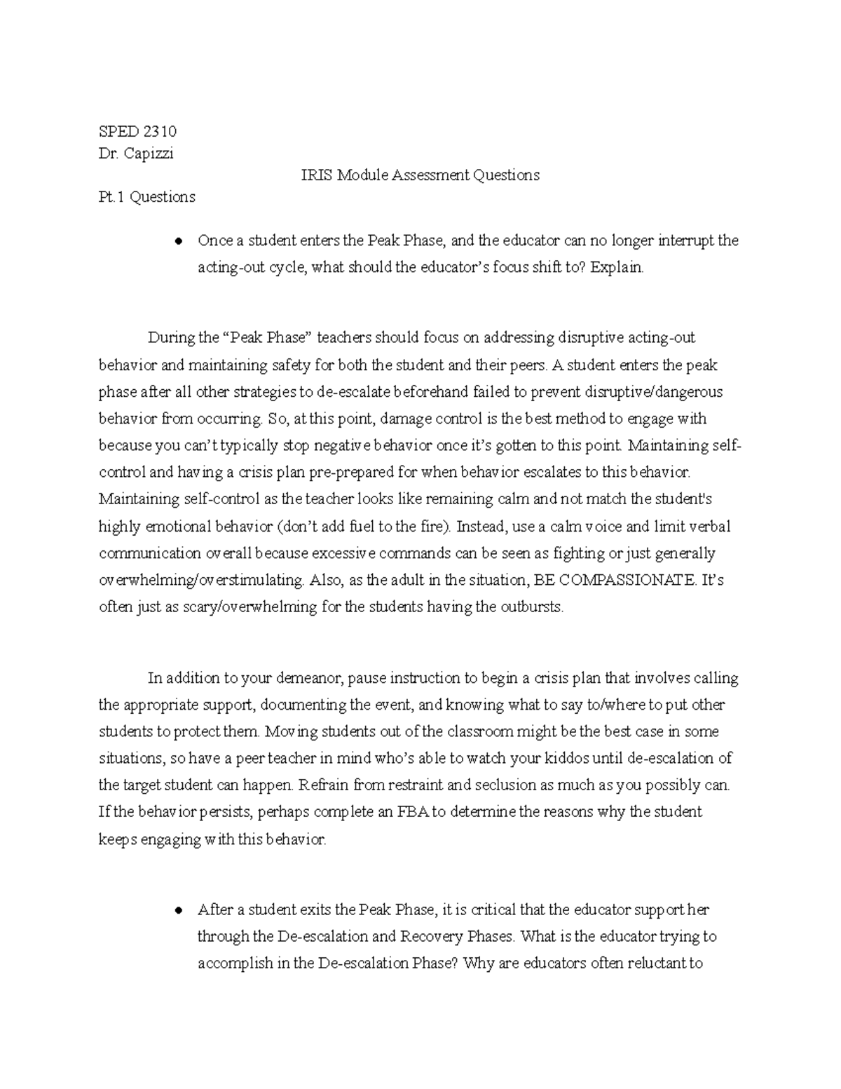 SPED 2310: IRIS Module Assessment Questions - Parts 1 & 2 Overview ...