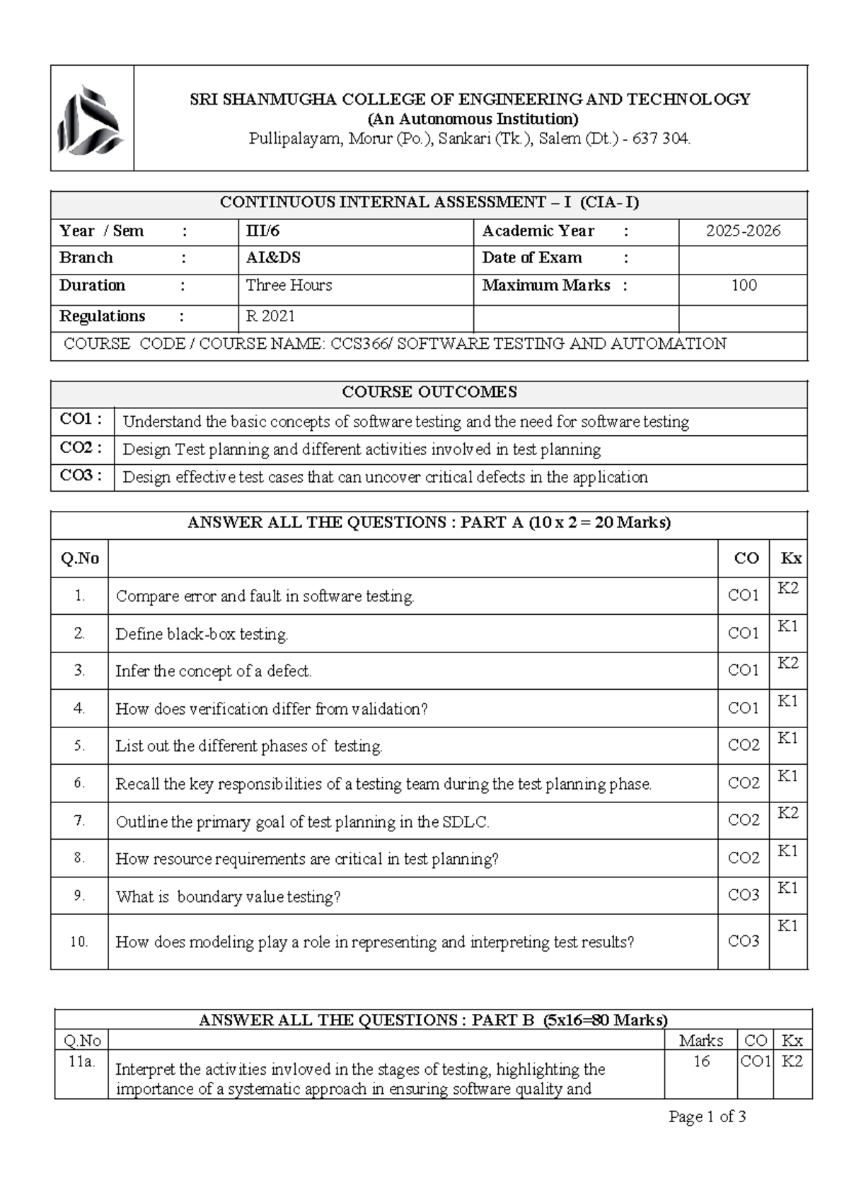 CS366CIA I Set1 - Practice questions - SRI SHANMUGHA COLLEGE OF ...