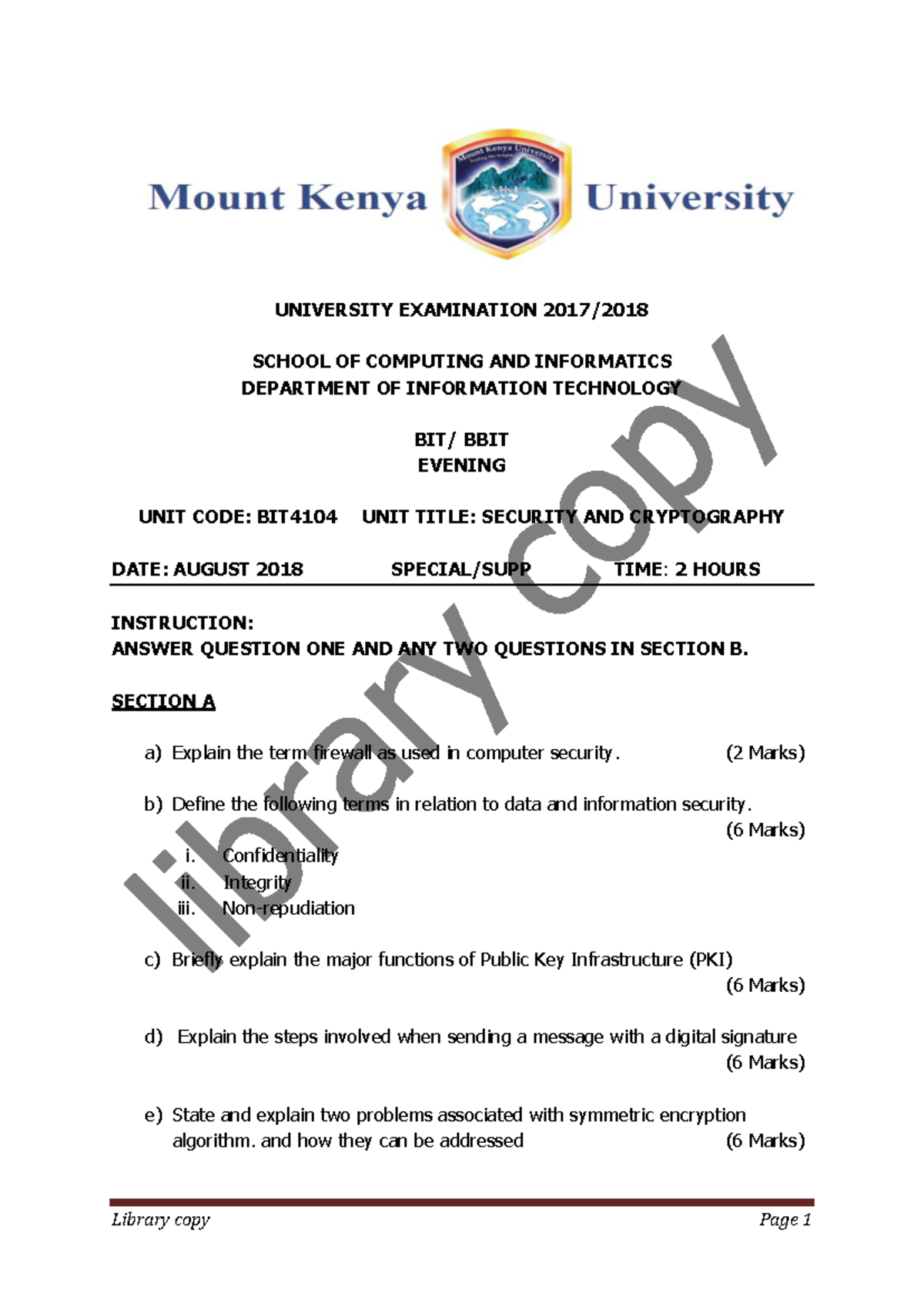BIT4104 Security and Cryptography Exam Notes - August 2018 - Studocu