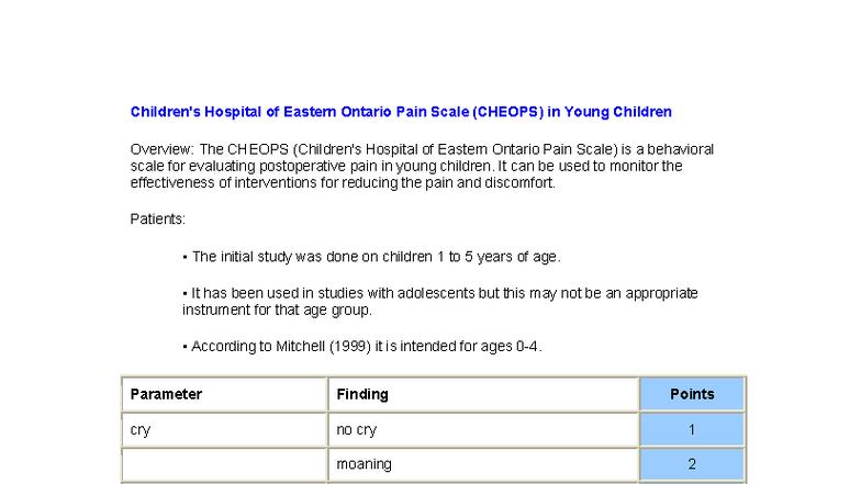 CHEOPS Overview: Assessing Postoperative Pain in Young Children (AGE 0 ...
