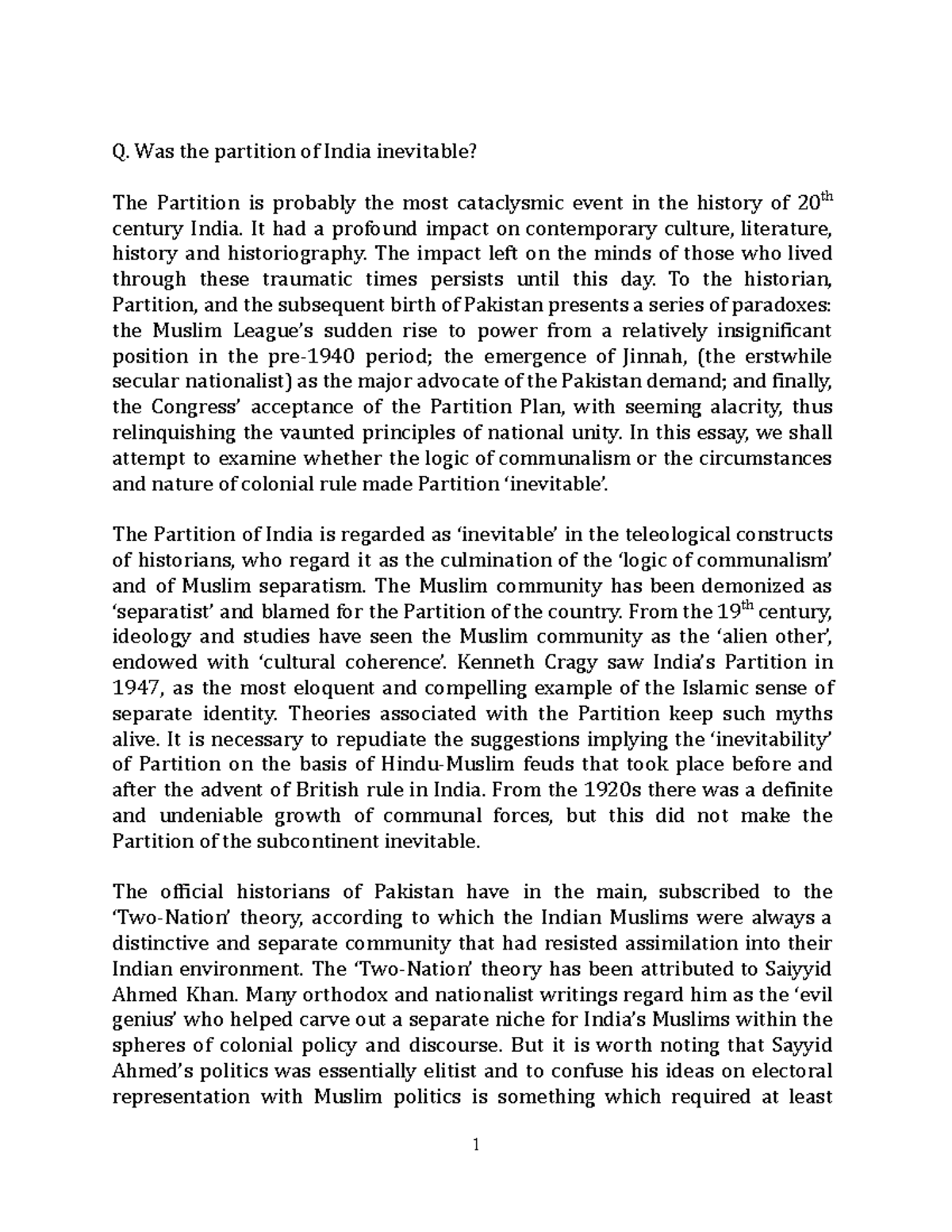 The Inevitable Partition of India: Analyzing Historical Perspectives ...