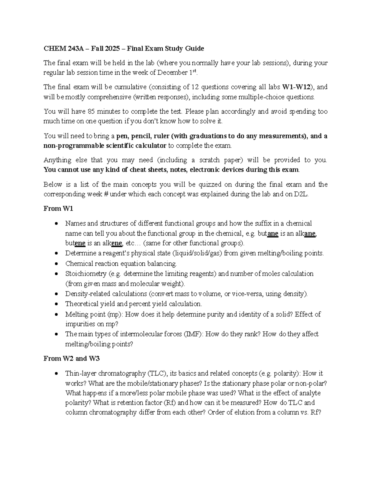 CHEM 243A – Fall 2025 – Final Exam Study Guide - Studocu