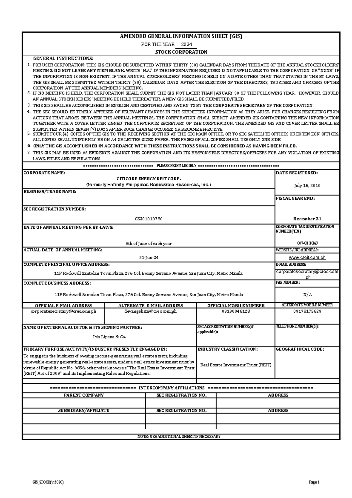 Amended General Information Sheet (GIS) for CITICORE ENERGY REIT CORP ...
