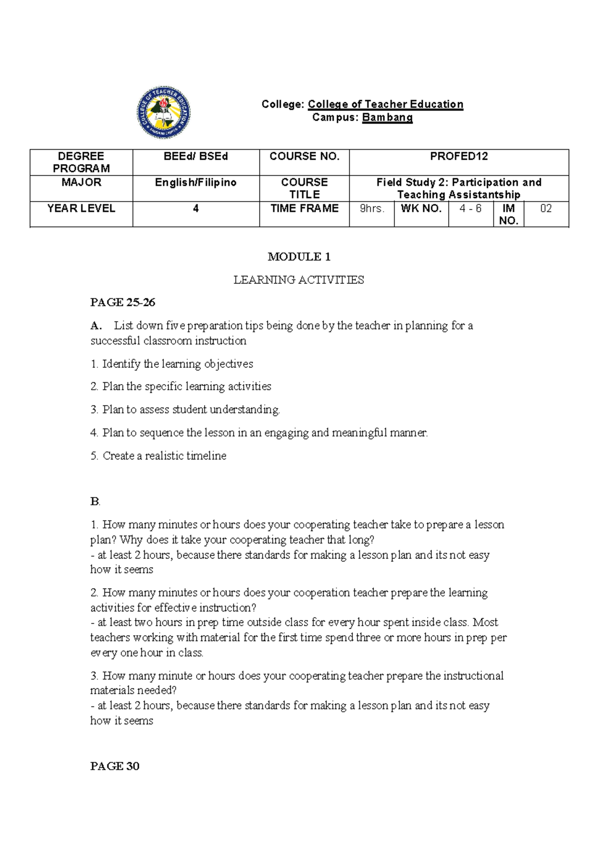FS II Module 1 - Field Study: Teacher Preparation & Lesson Planning ...