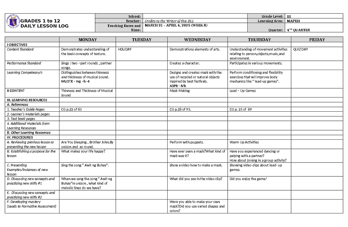 DLL Mapeh 3 Q4 W8 - daily lesson log - GRADES 1 to 12 DAILY LESSON LOG ...