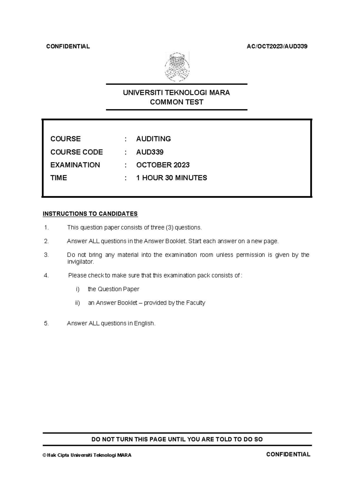 CT OCT2023 - Common Test for Auditing (AUD339) Exam Paper - Studocu