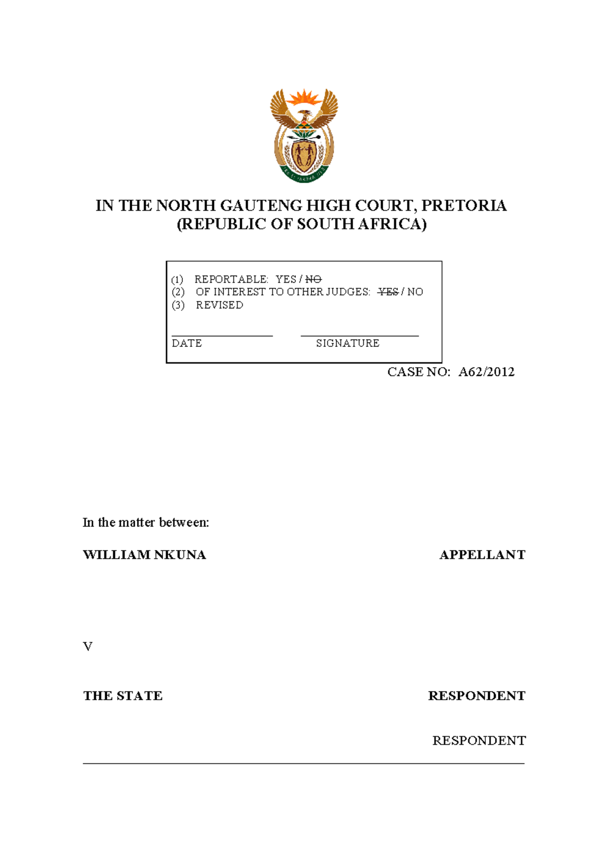 S v Nkuna: Appeal Judgment on Conviction and Sentencing Issues - Studocu