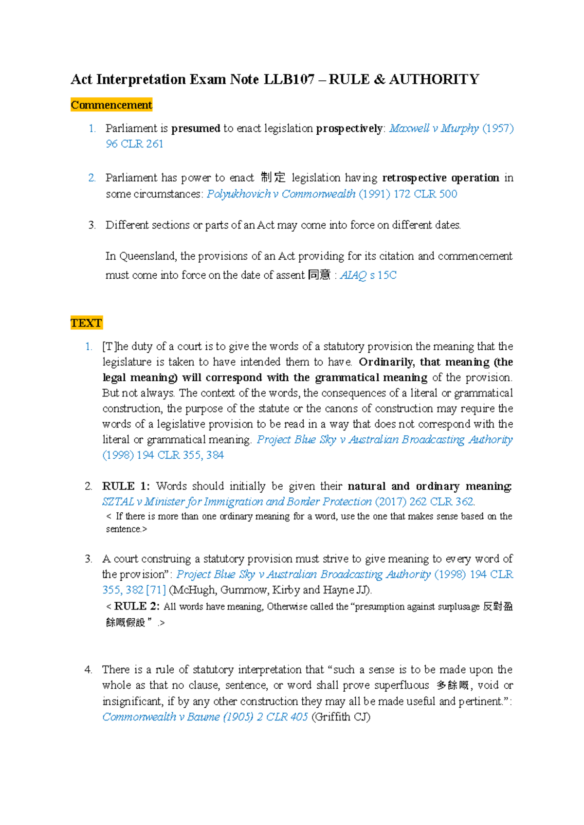 LLB107 Act Interpretation Exam Notes - Key Rules & Authorities - Studocu