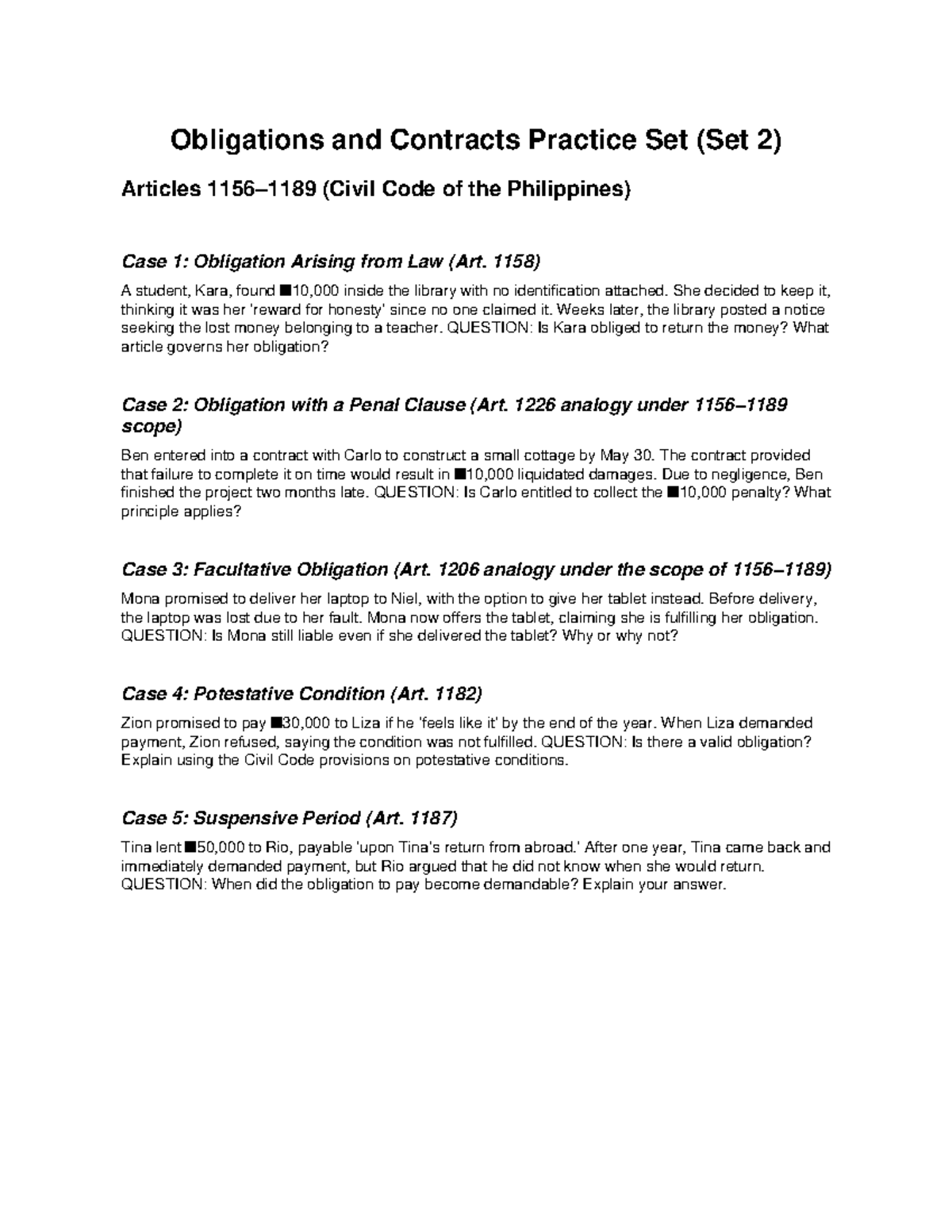 Obligations and Contracts Practice Set 2: Articles 1156-1189 Analysis ...
