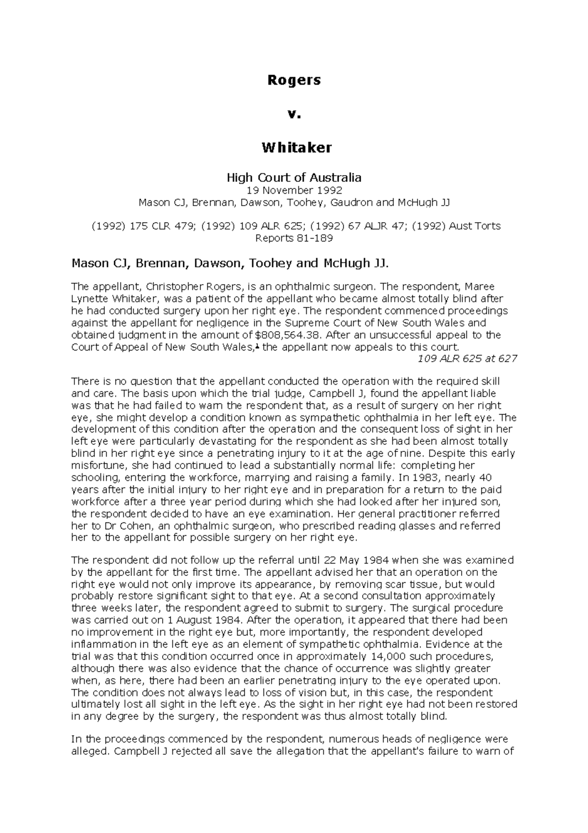 HC 1992 Rogers v. Whitaker: A Case Study on Medical Negligence - Studocu