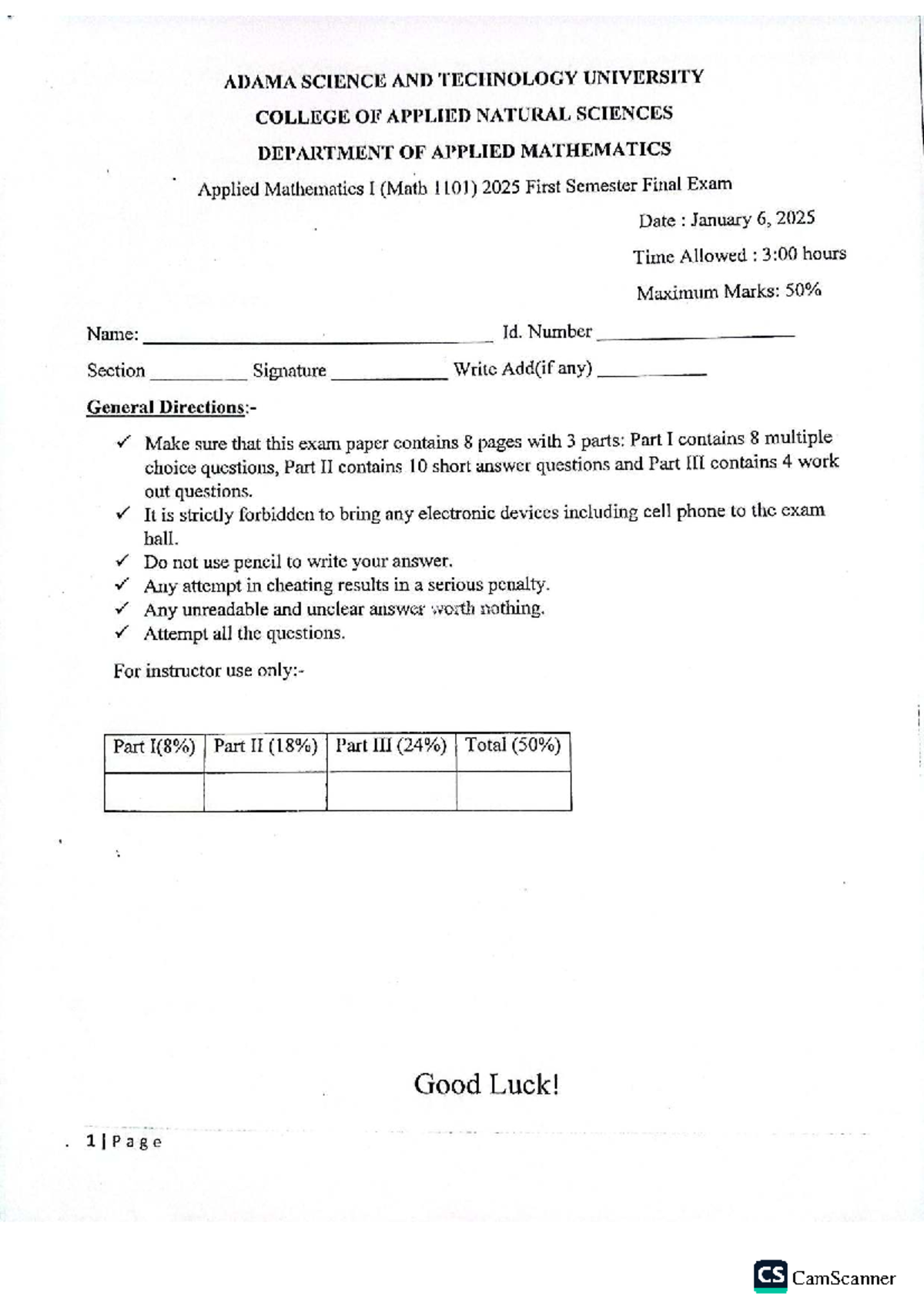ASTU Math 1101: 2025 Final Exam Solutions & Explanations - Studocu